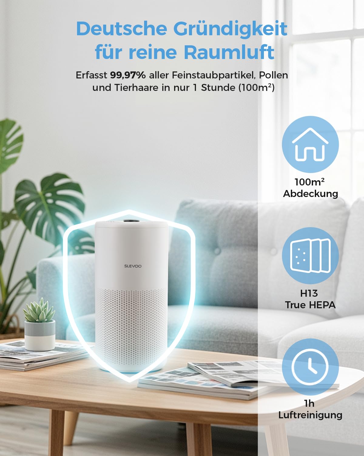 Slevoo Luftreiniger Schlafzimmer mit H13 HEPA Filter, 240m³/h CADR, Leise | Air Purifier für Räume bis 102 m² gegen Allergie, Pollen, Staub, Rauch & Tierhaare, mit Timer & Aromatherapie, Weiß