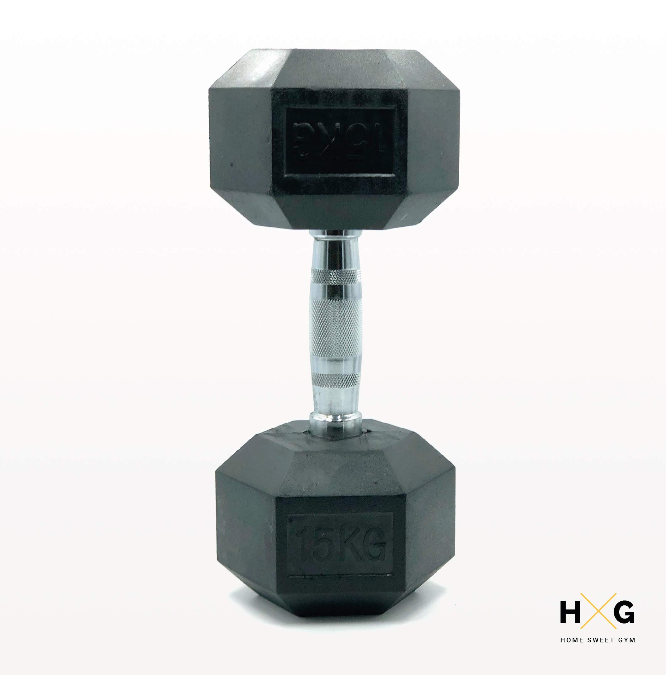 HxG.Mancuerna hexagonal de 15kg ergonómica con empuñadura de cromo y revestimiento de caucho que evita daños en el suelo. Tu casa es tu gimnasio. 1 Unidad.