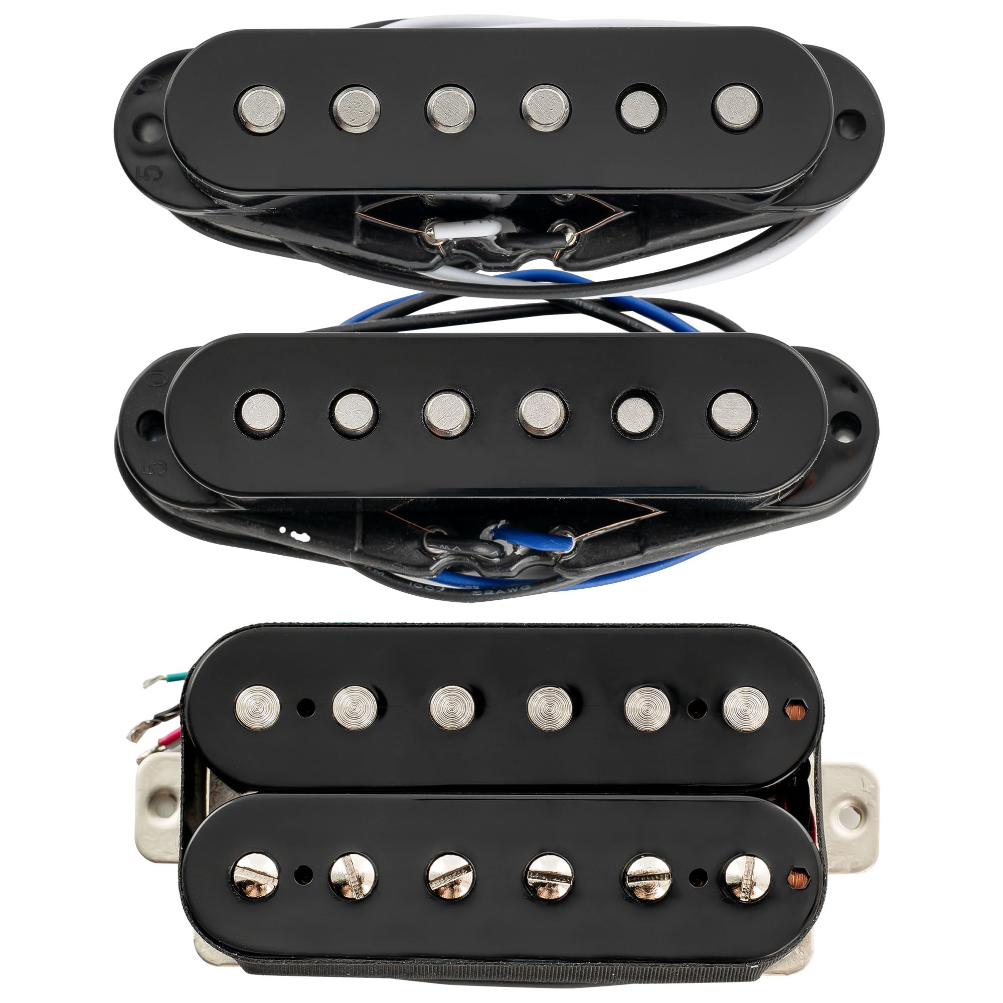 Musiclily Pro ST-60SE Staggered Alnico 5 Single Coil Humbucker HSS Pickups Set für Strat Style E-Gitarre, Schwarz