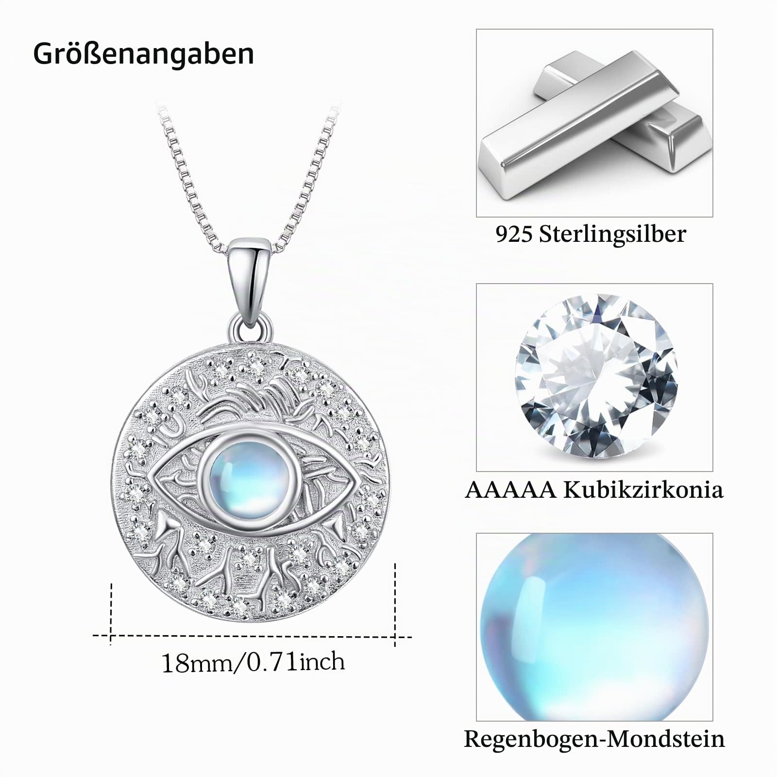 Evil Eye Mondstein/Opal/Zirkonia Halskette 925 Sterling Silber Auge des Horus Halskette Blau Opal Evil Eye Anhänger Schmuck Geschenke für Damen Mädchen Frauen Freunde