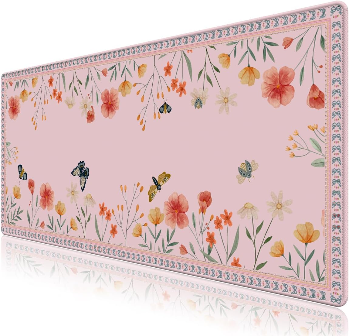 AIMSA Pink Desk Matt for Desktop, Desk Mat for Keyboard and Mouse, Butterfly Floral Mouse Pad with Stitched Edge, Non-Slip Keyboard Mats for Desk, Largr Desk Pad for Office Home