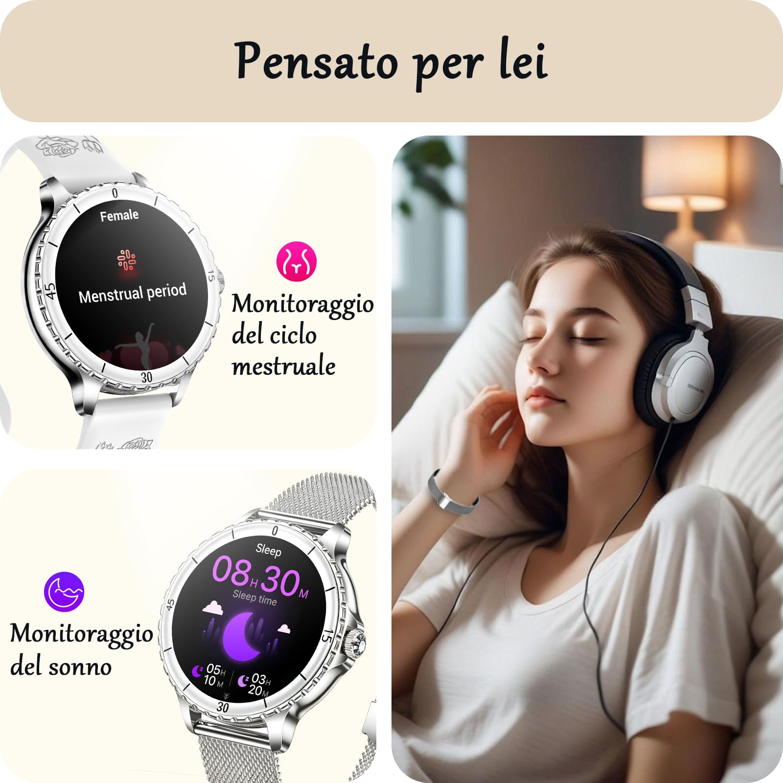 Smartwatch Donna Chiamate, 1,27'' HD Schermo Orologio Smartwatch Rotondo con Notifiche Messaggi/120+ Sportive/Cardiofrequenzimetro/SpO2/Sonno, Smart Watch Donna IP68 per Android iOS, Argento