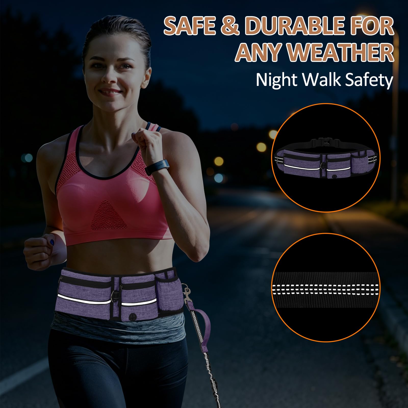 Guinzaglio Mani Libere per Cani con Marsupio e Porta Borraccia, Cintura Regolabile, Elastico Anti-Tiro Allungabile 150-220cm, Guinzaglio per Cani per Corsa Jogging Trekking, Viola