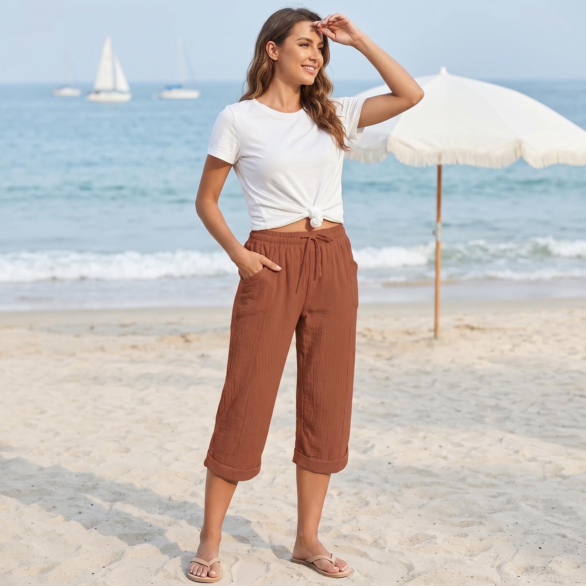 3/4 Fluid Women's Summer Lightweight Capri Trousers Elastic Linen Drawstring Sports Casual Yoga with Pockets for Daily Use and Beach Holiday - 2