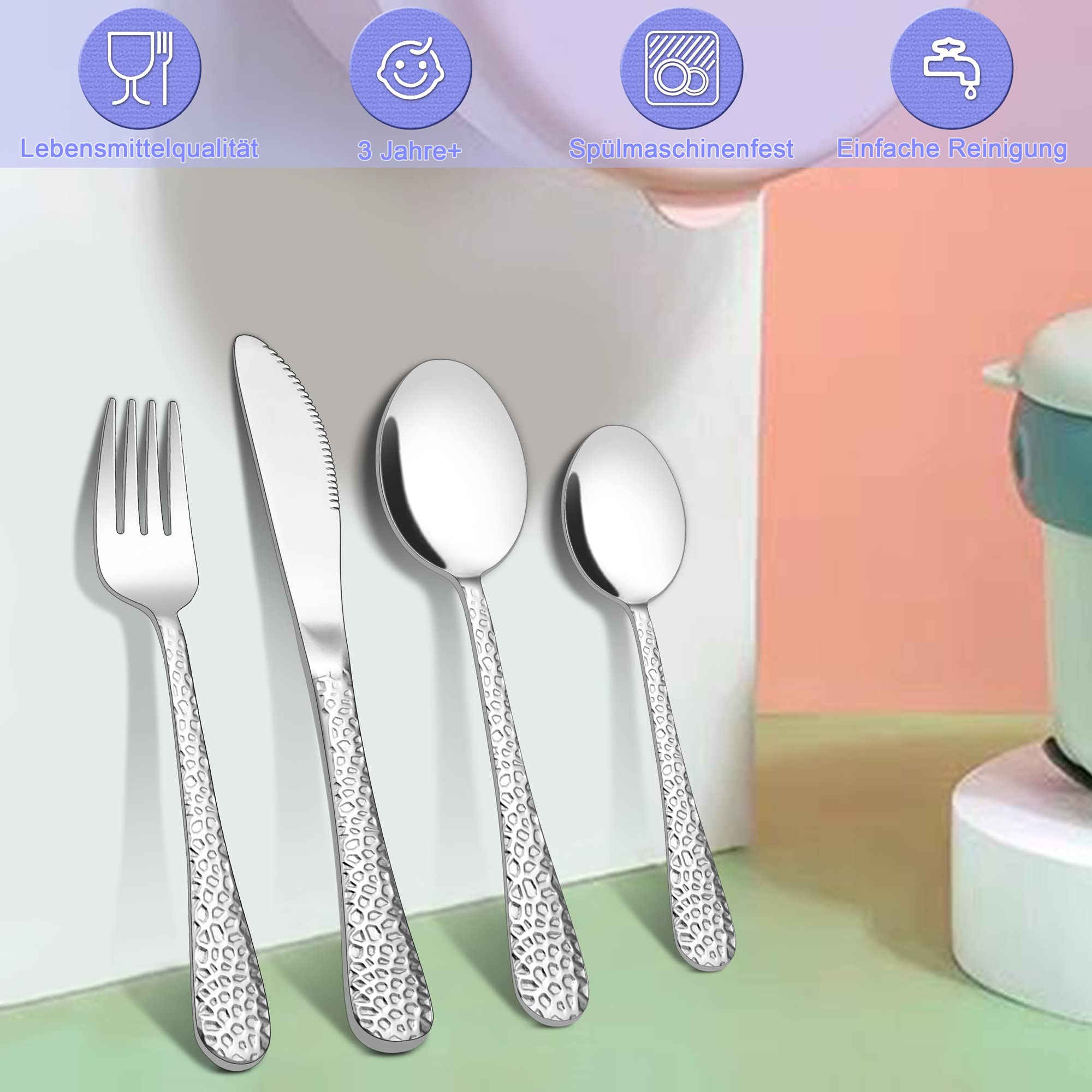 Joyfair Set di posate per bambini, 8 pezzi, con manico a martello, in acciaio inox, per bambini e bambine, piccoli cucchiai/coltello/forchetta, a partire dai 3 anni, lavabili in lavastoviglie