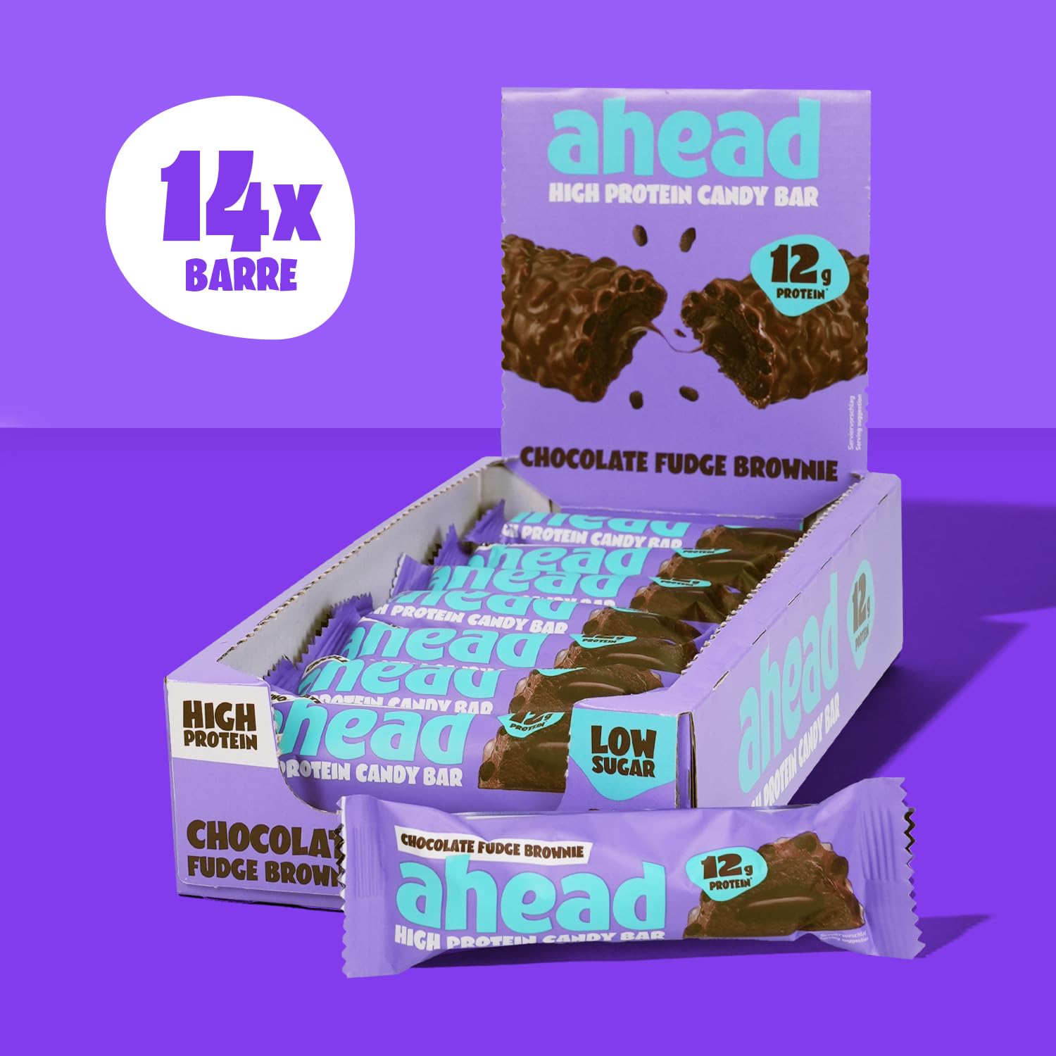 AHEAD Barrette Proteiche Fudge Brownie- 14x45g - Deliziosa barrette proteiche senza zucchero - Low barrette senza zucchero - Senza Glutine