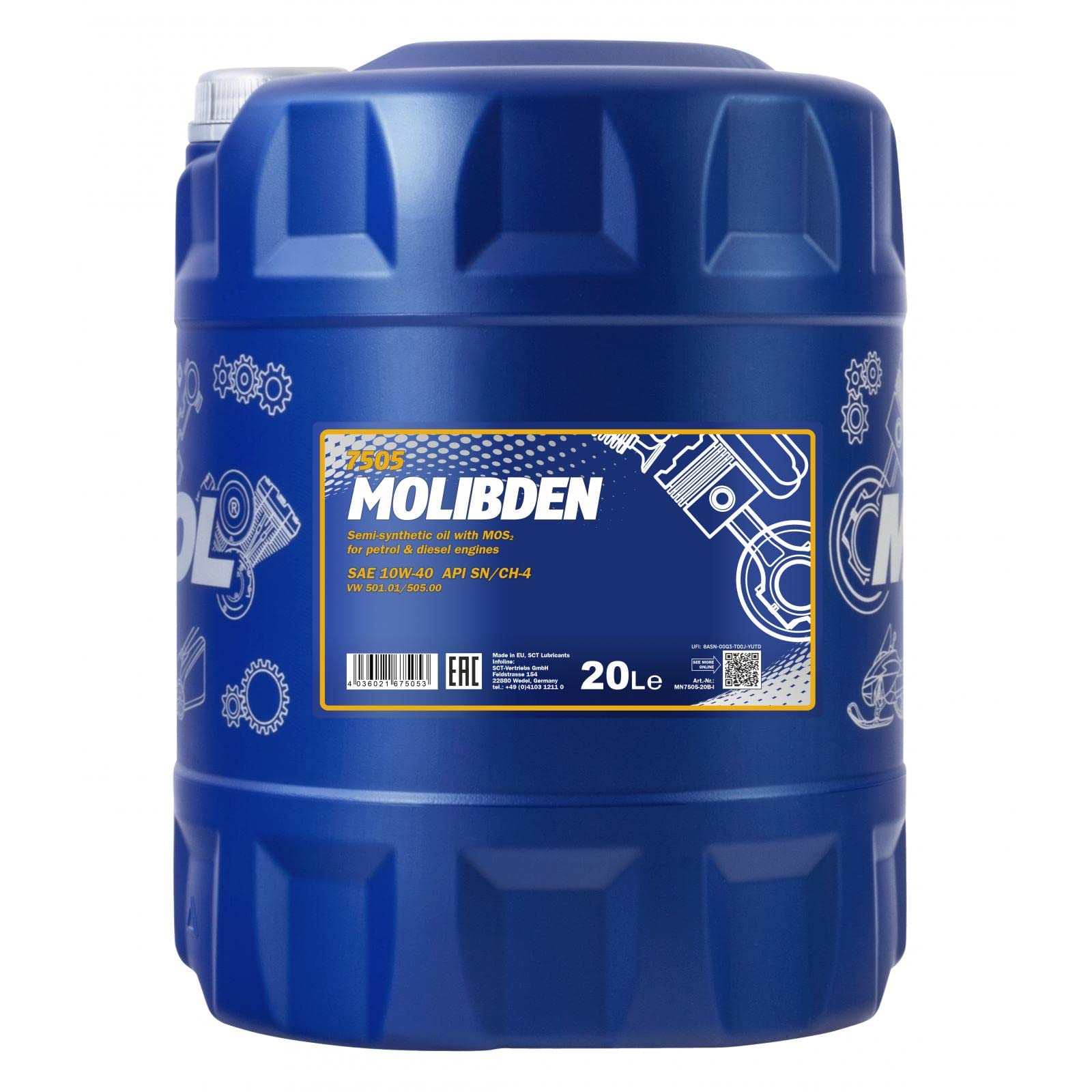 MANNOL Aceite de motor 10W-40 MOLIBDEN aceite parcialmente sintético API SN API CH-4 20L Compatible con TOYOTA AYGO WNB1, KGB1, SKODA Fabia II Combi 545, SUZUKI SWIFT III MZ, EZ | Aceite de motor MN7505-20