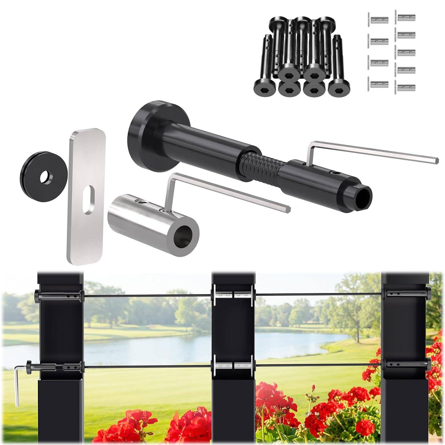 10 Pair Black Patent Swageless Invisible Cable Railing Kit, T316 Stainless Steel Reusable Tensioner & Terminals, Screw-Locking No Crimping for 2" x 2" Horizontal Metal Level Corner Post