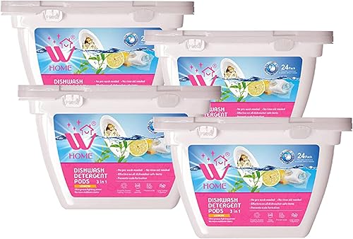 W Home Cápsulas de lavavajillas 3 en 1 para una limpieza impecable, 96 unidades en total, 24 cápsulascada detergente transparente y libre de enzimas