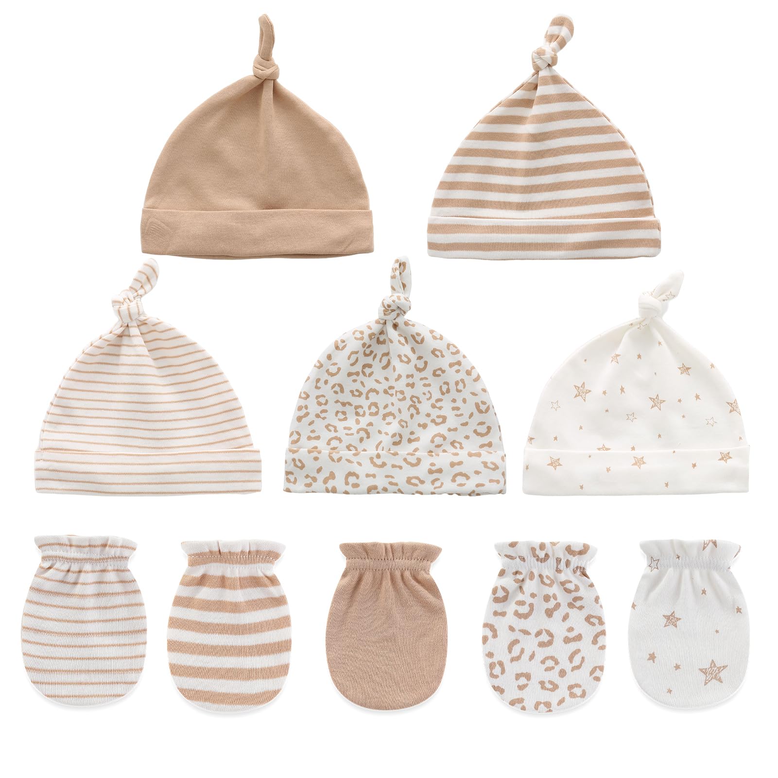 Newborn Baby 5 Mützen und 5 Paar Kratzfeste Fäustlinge für Babys Jungen und Mädchen, Alter 0-6 Monate 100% Baumwolle