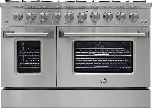 Brama Gama de gas con estufa de 8 quemadores, 48 pulgadas con horno de convección de porcelana doble y función de asado, 8 quemadores sellados