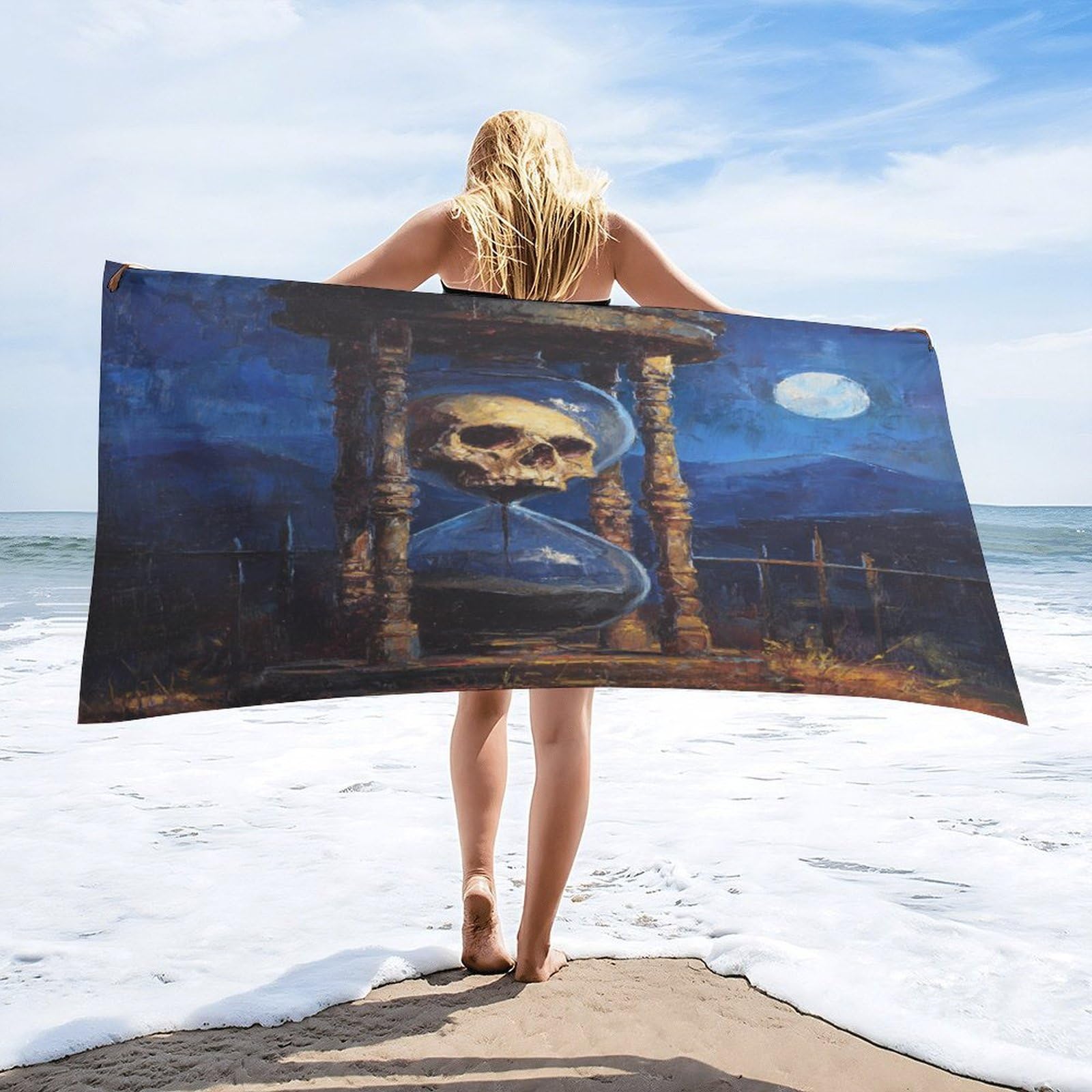 Luyysky Cool Modern Skull Hourglass Quick-Drying Beach Towel, Rustic Abstract Full Moon Mountain Skull Skeleton Travel Vacation Single Sided Pile Bathroom Towels-80 W Cm X 160" L Cm