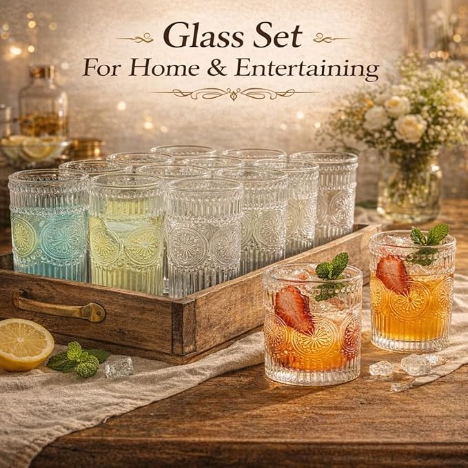 Set de 12 Vasos TYNUOCN, Cristal Tallado, para Whisky y Cócteles miniatura 3