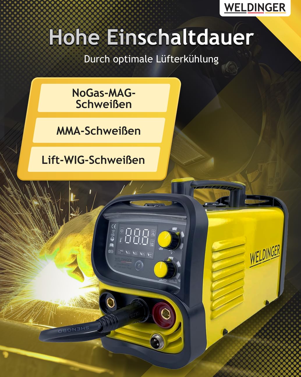 WELDINGER ME 130 mini Flux Fülldrahtschweißgerät + 1 kg Fülldraht + Fülldraht-Gasdüse + Stromdüsen MMA Lift-WIG abnehmbares Schlauchpaket 5 Jahre Garantie