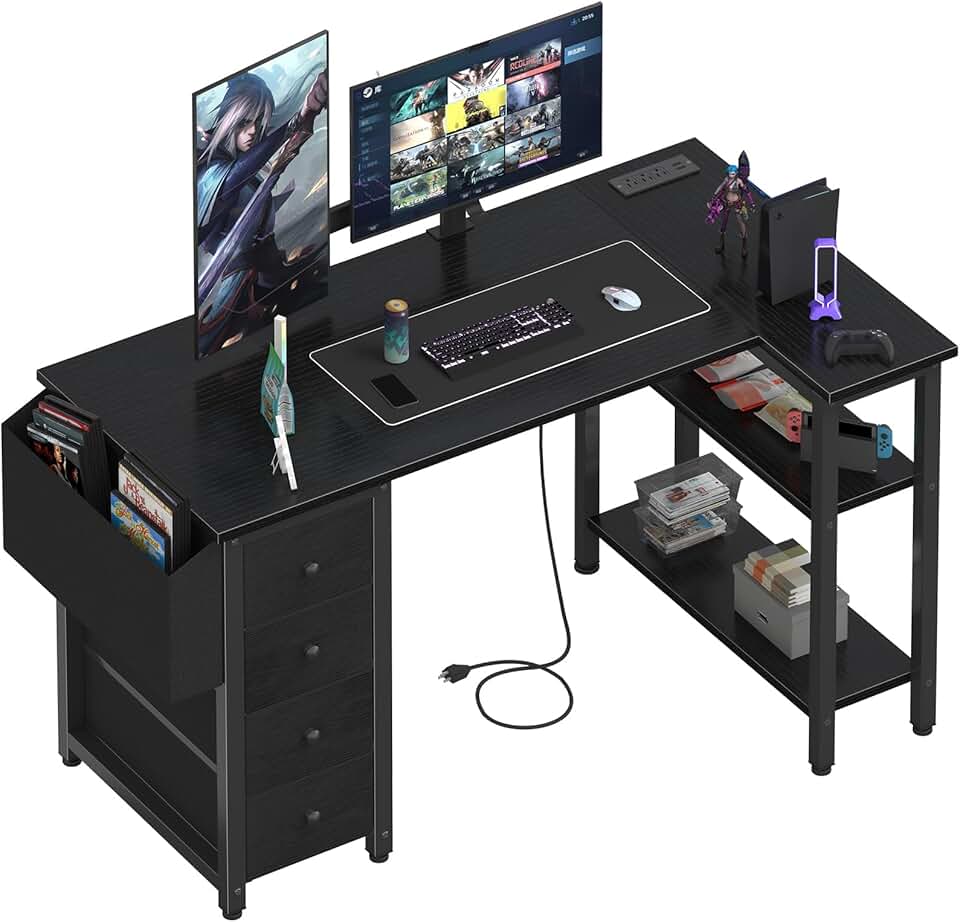 Lufeiya L Shaped Gaming Desk with Power Outlet, 47 Inch Reversible Corner Computer Desk with Drawers &amp; Storage Shelves for Home Office Bedroom, L-Shaped Teen PC Desks with Fabric Drawer, Black The Forest Stewardship Council