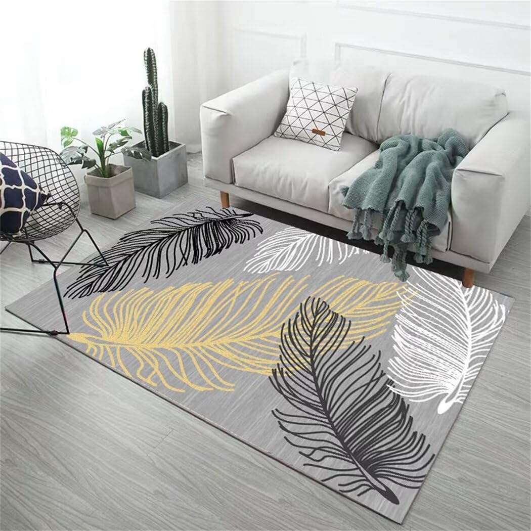 Tapis salle à manger gris 70x120cm lavable à motif plumes