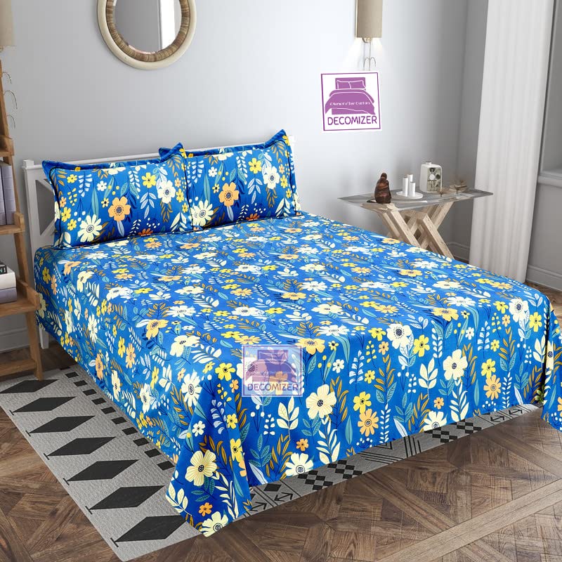 DECOMIZER Premium Microfiber Super King Size Bedsheet for Double Bed, Glace Cotton 108 X 108 Inches, 9 Feet, 275 X 275 cm with 2 Large Size Pillow Covers Without Joint - BlueOrangeFlowers