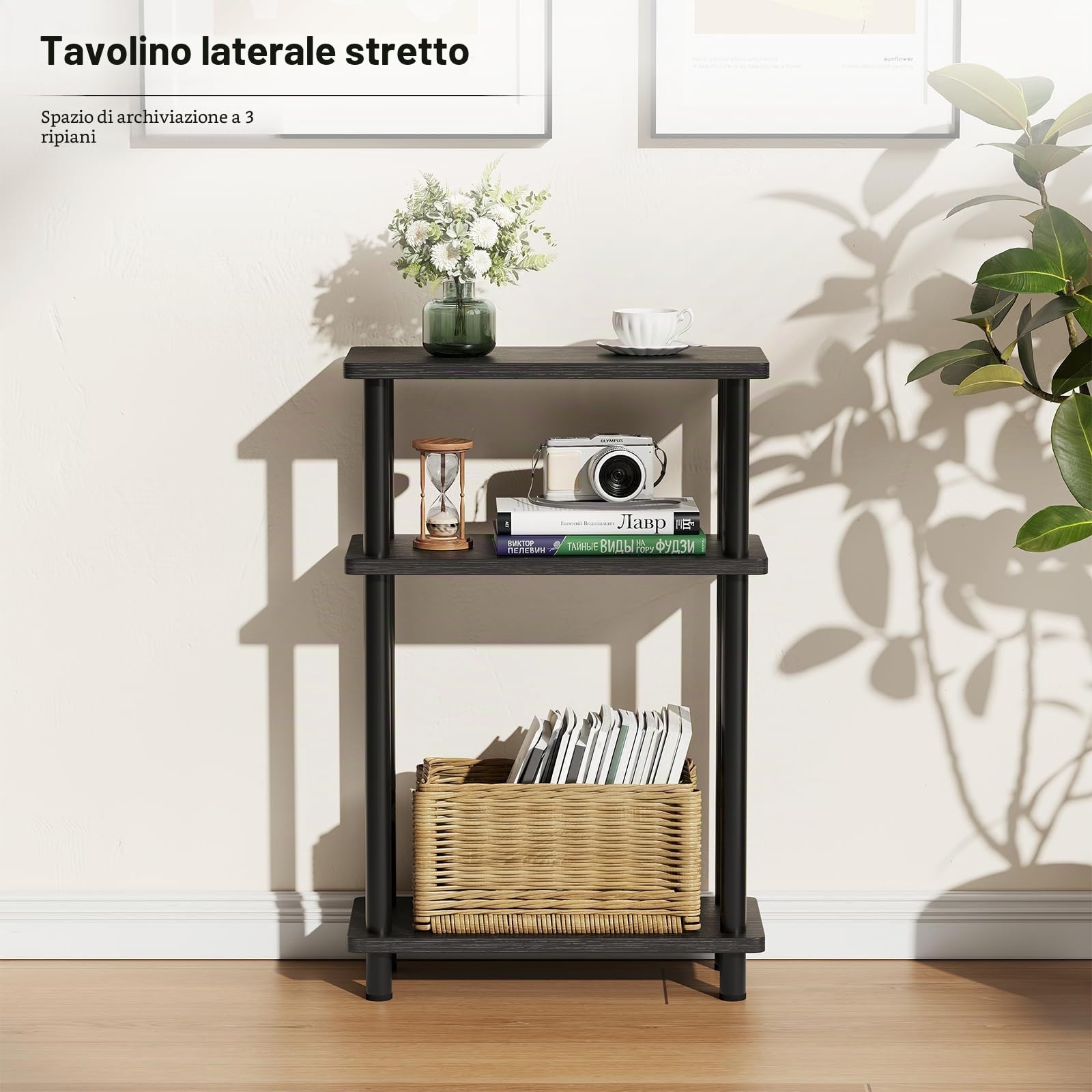 APICIZON Tavolino Laterale Stretto, Tavolino da Divano Laterale a 3 strati, 40x18x61.5CM, Tavolino da Caffè Moderno Piccolo, Tavolino Piccolo Adatto per Soggiorno, Camera da Letto, Nero