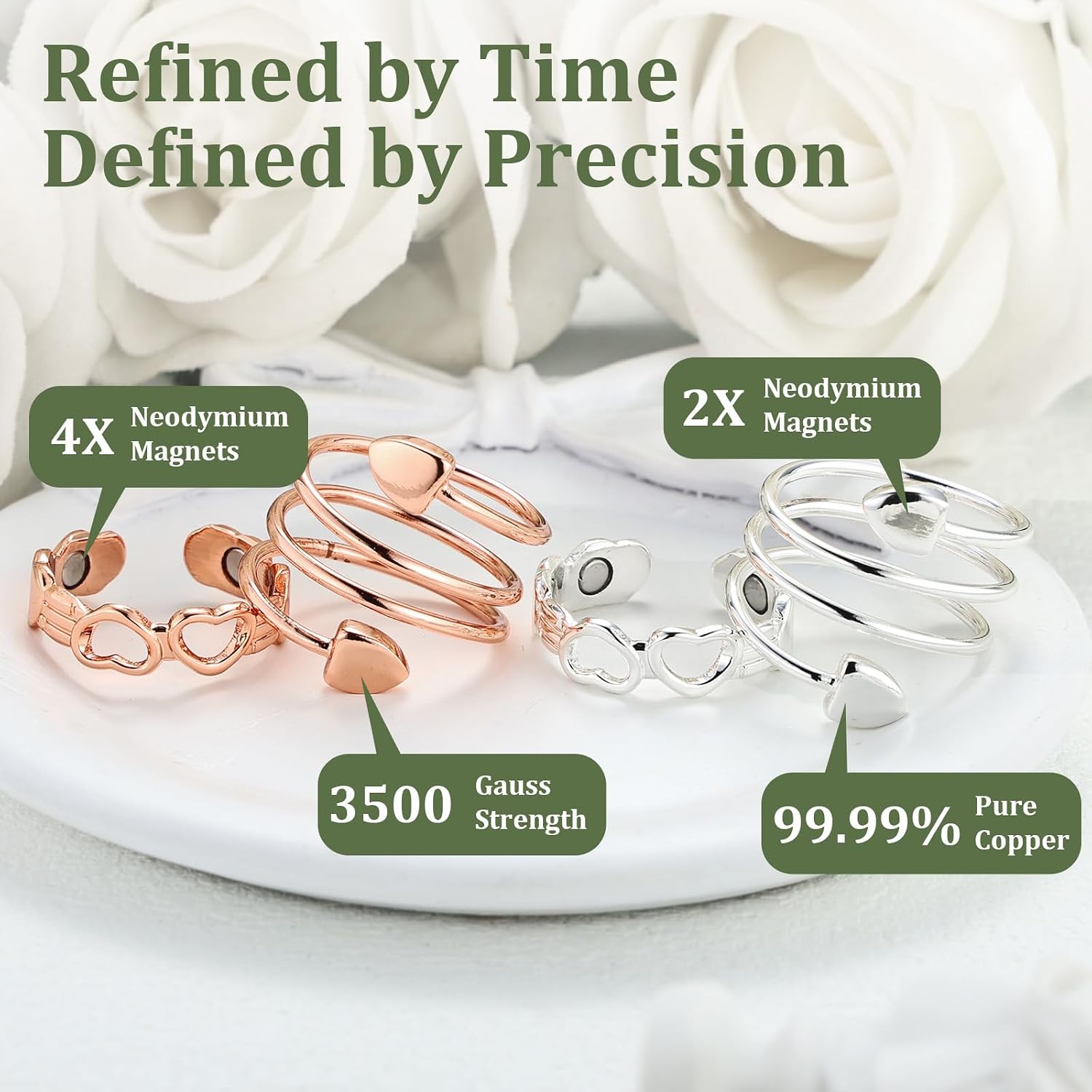 Magnetic Copper Rings Set for Women, Elegant Lymphatic Jewelry Gifts, Vintage Adjustable Vine Design (Rose & Silver SET)