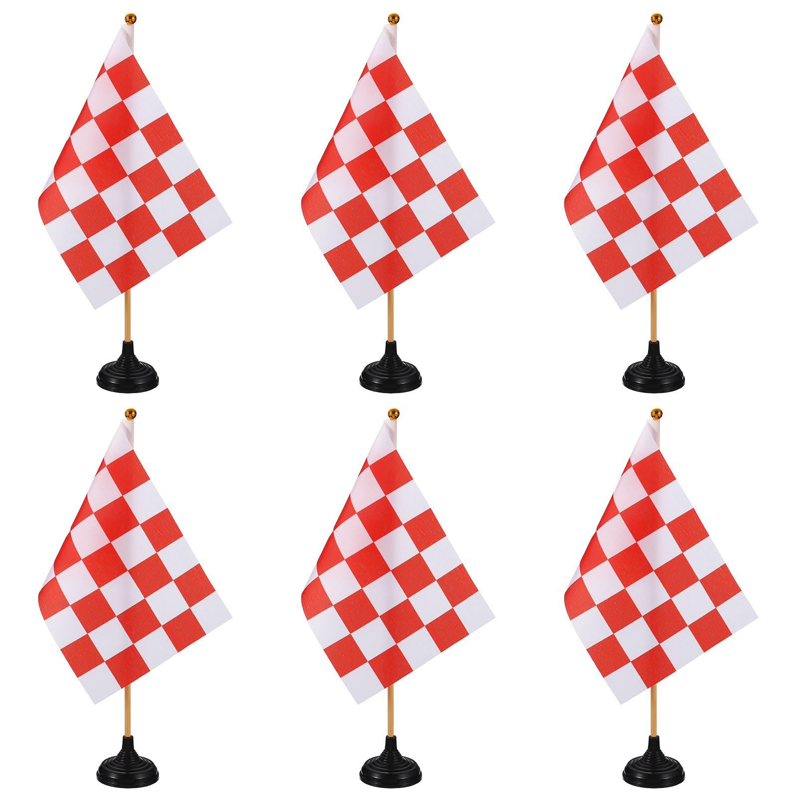 PATIKIL 6Pack Red and White Checkered Table Flag, 12" Small Race Car Racing Office Desk Flag Set with Bamboo Stick and Black Round Base for Car Soccer Sport Party Decoration