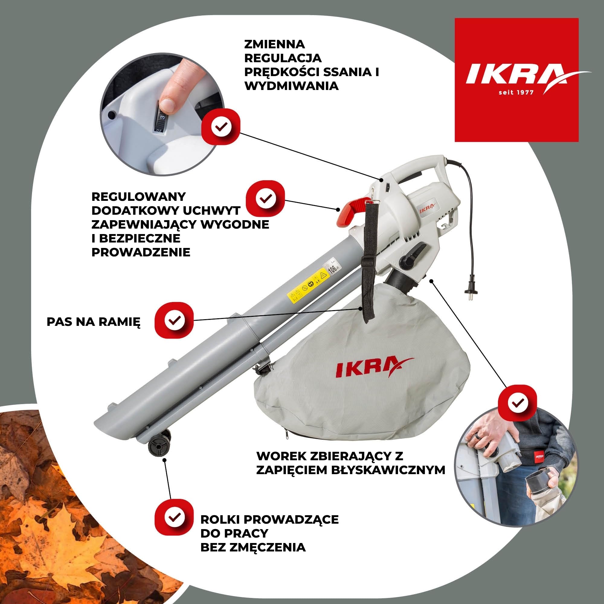 IKRA Odkurzacz i dmuchawa do liści elektryczna IBV 3000 3w1, 3000W 240 km/h | Regulacja prędkości, łatwa zmiana między dmuchawą a odkurzaczem, worek 45 l, kompresja liści 10:1 dla rzadszego opróżniania