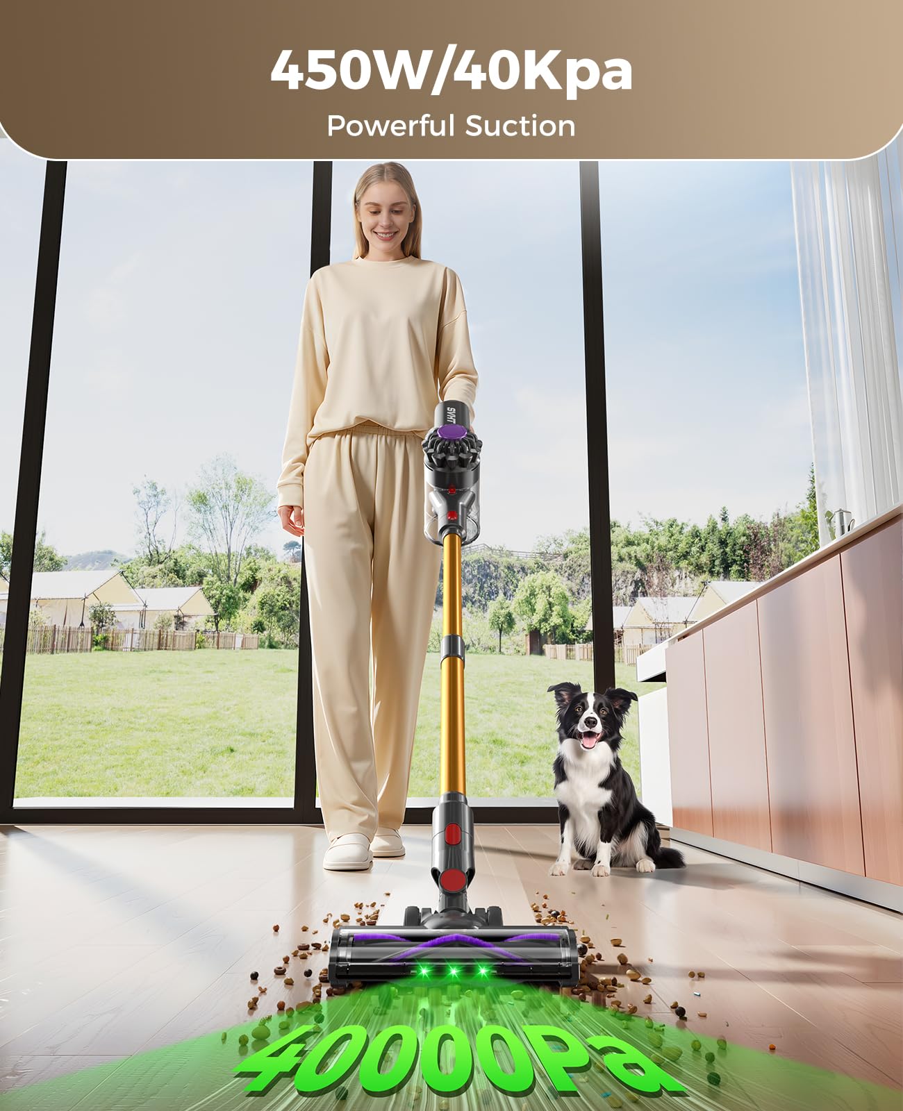 SVHT SVHT Cordless Vacuum Cleaner, 450W 40KPA Vacuum Cleaners for Home, 45Mins Lightweight Stick Vacuum with Advanced Green Light Tech, Rechargeable Battery Vacuum for Carpet,Pet Hair,Hardwood Floor in use