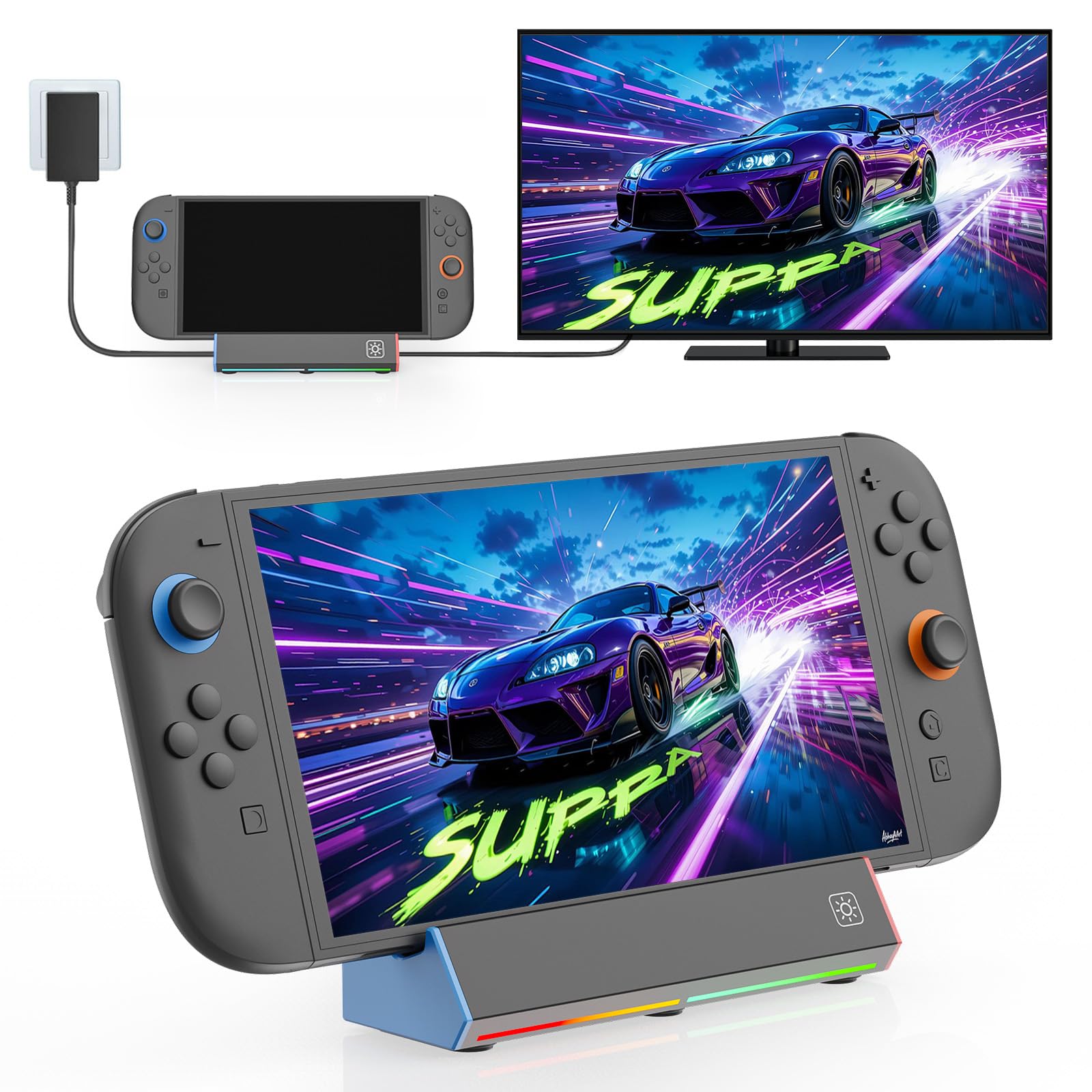 Switch Dock for Nintendo Switch 2 (2025), TV Docking Station with 4K HDMI 2.0 / HDR / 10-Bit Color, 2×USB/Type-C, RGB Lighting, Travel Replacement for Official Switch 2 Dock