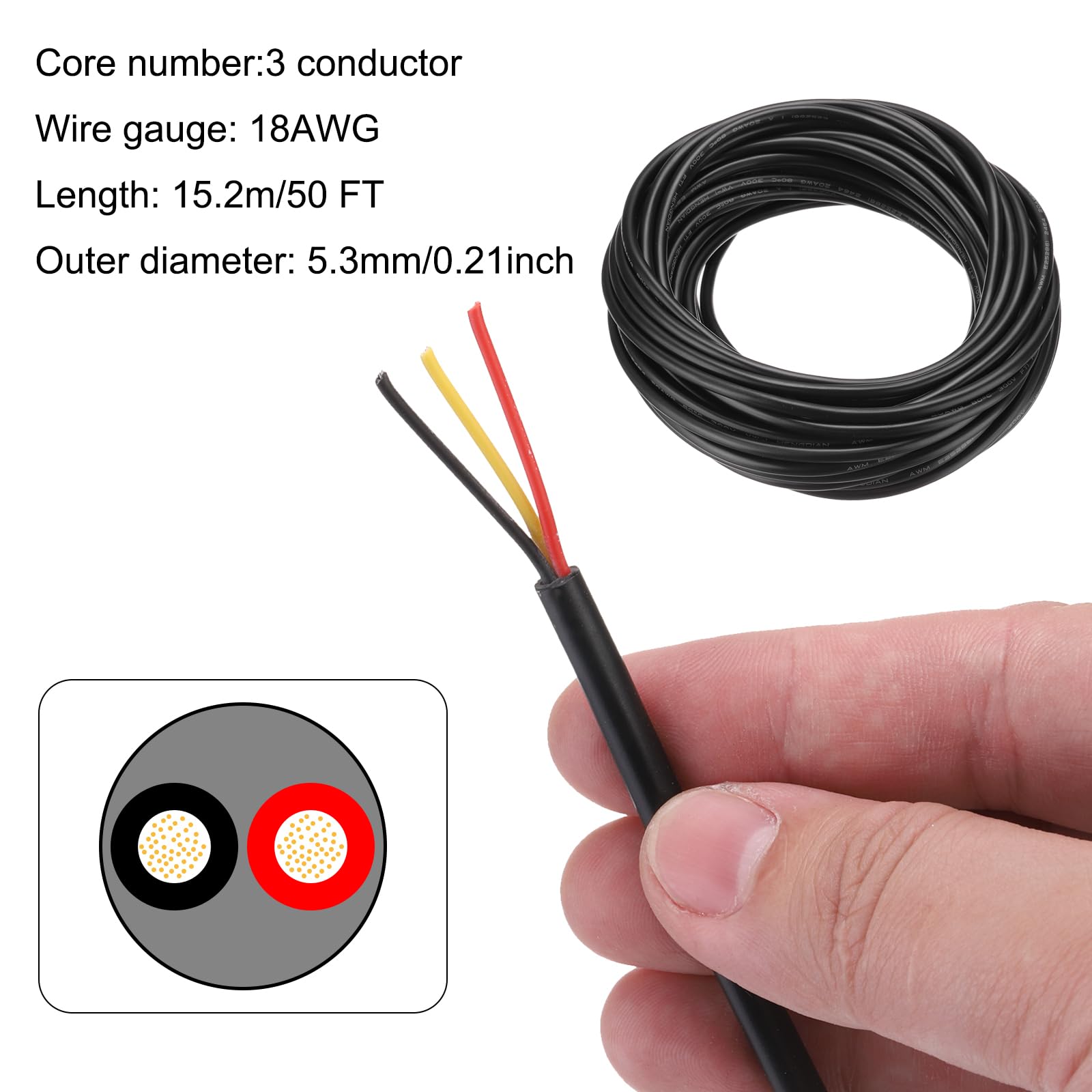 DMiotech 18AWG 18/3 3 Core CNC Wire (49 FT) UL2464 Tinned Copper Core 18 Gauge Cable Speaker Wire Electrical Wire Extension Cord for CNC Router Machine,Electrical Appliance - Image 2