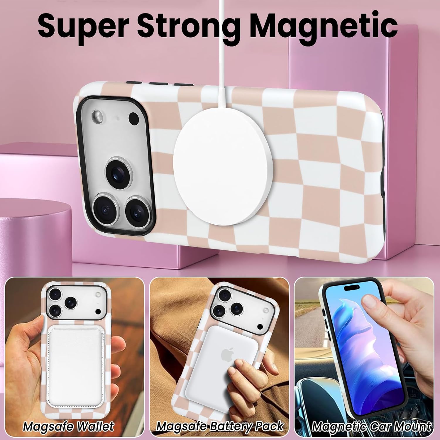 SOKAD Magnetic Checkered Phone Case for iPhone 17 Pro Max, Cute Grids Plaid Checkerboard Pattern Compatible with Magsafe Matte Protective Case Cover with Screen Protector for Girls Women, Brown - Image 4