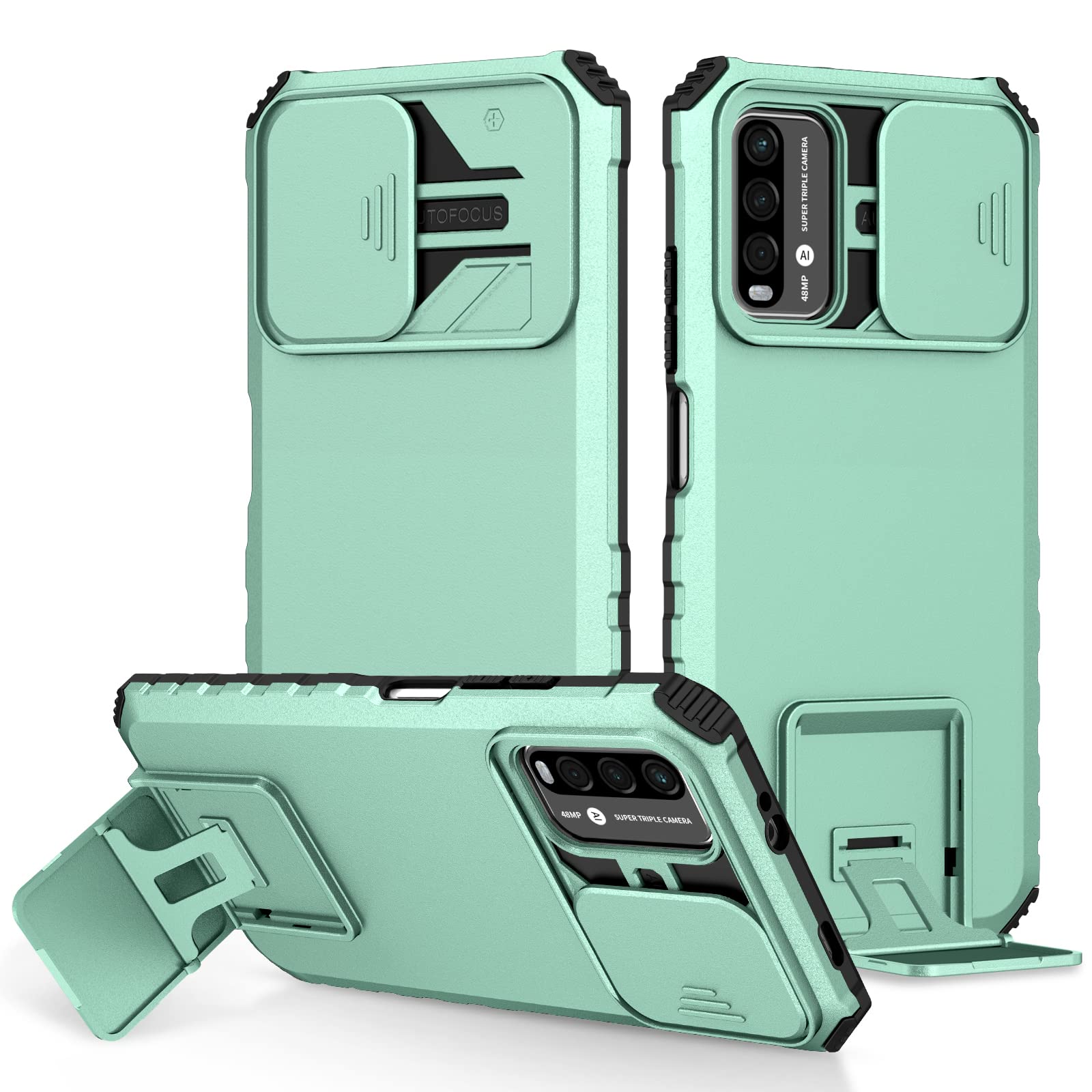 TIANCI Cover Per Xiaomi Redmi 9T - Custodia Antiurdo Con Supporto Integrato E Protezione Scorrevole Per Fotocamera