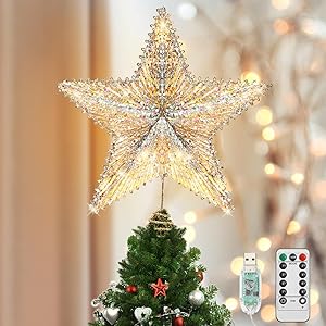 Luxspire Christmas Tree Star Topper, LED Glitter Metal 3D Christmas Decorations Lights, Remote & USB Operated Star Treetop for Home Party, 6H Timer & 8 Lighting Modes, Champagne Gold