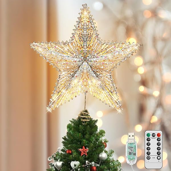 Luxspire Christmas Tree Star Topper, LED Glitter Metal 3D Christmas Decorations Lights, Remote & USB Operated Star Treetop for Home Party, 6H Timer & 8 Lighting Modes, Champagne Gold