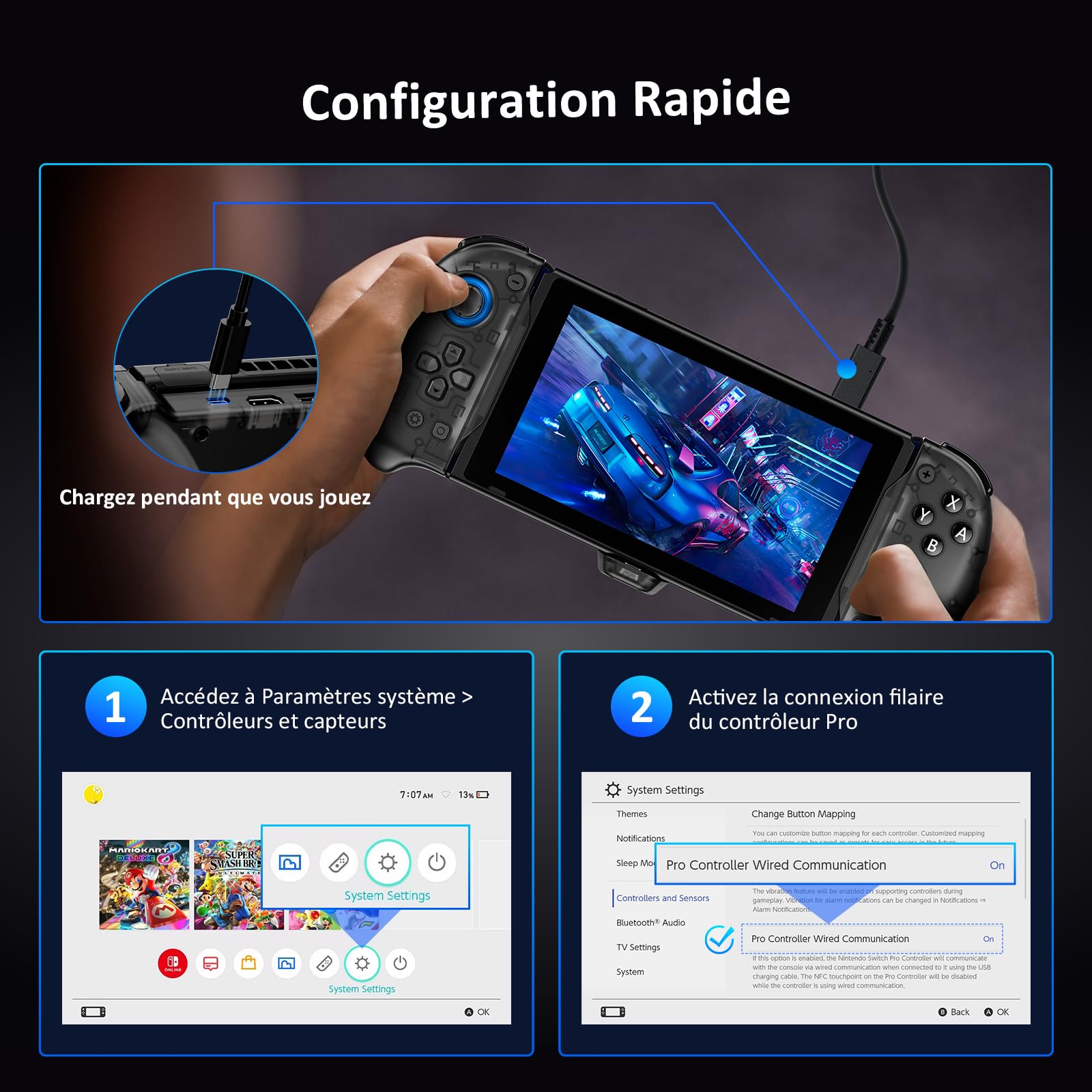 NexiGo Gripcon à Effet Hall avec béquille et Sortie HDMI pour Le Dock TV, Joystick à détection Hall pour Switch/Switch OLED, Mode Portable, Ports HDMI et USB 3.0 Pris en Charge en 4K/1080P, Noir