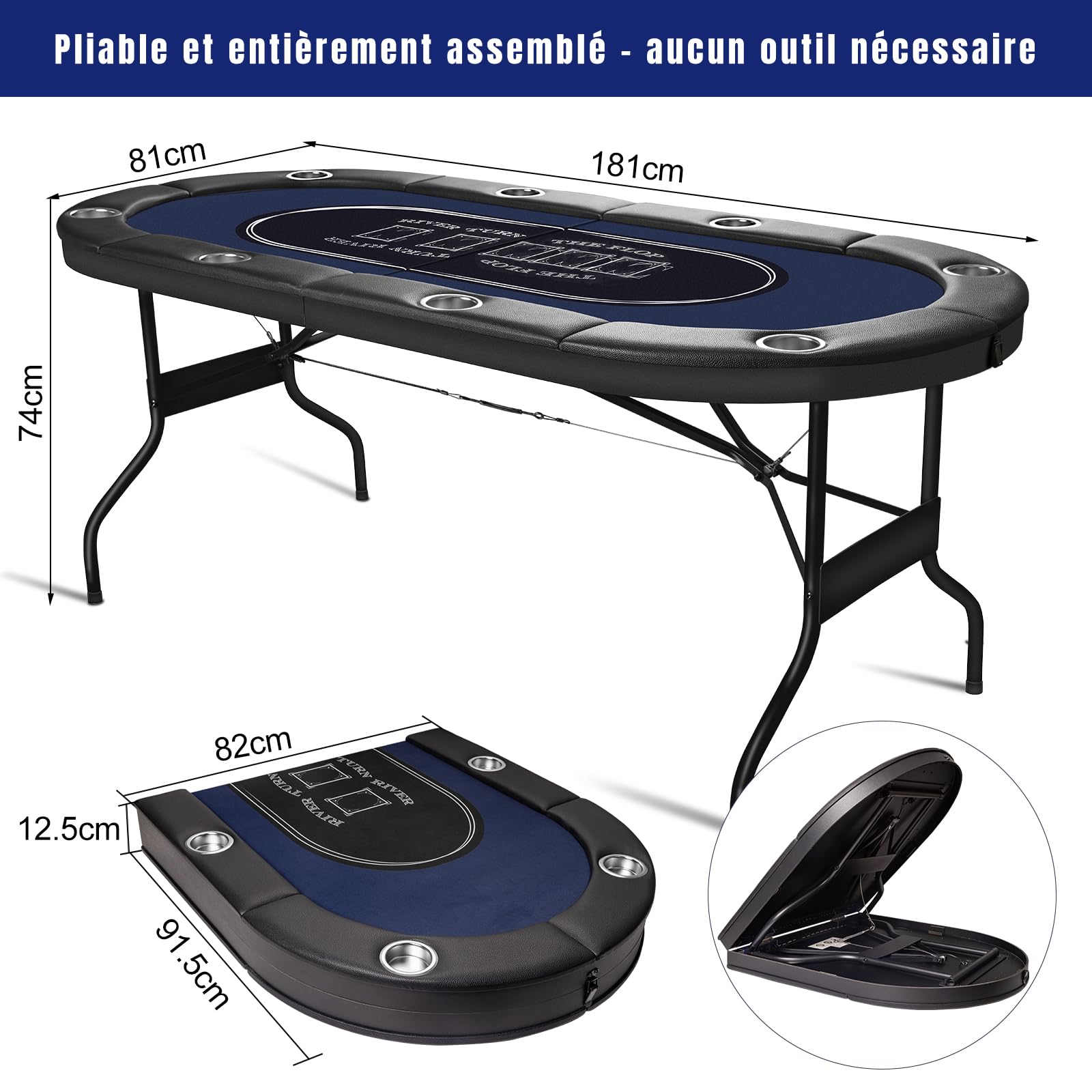 HLC Table de poker pliante pour 8 personnes - 180 cm, design professionnel de casino, rebord rembourré avec porte-gobelets profonds, idéale pour les parties à domicile, les fêtes et les soirées poker.