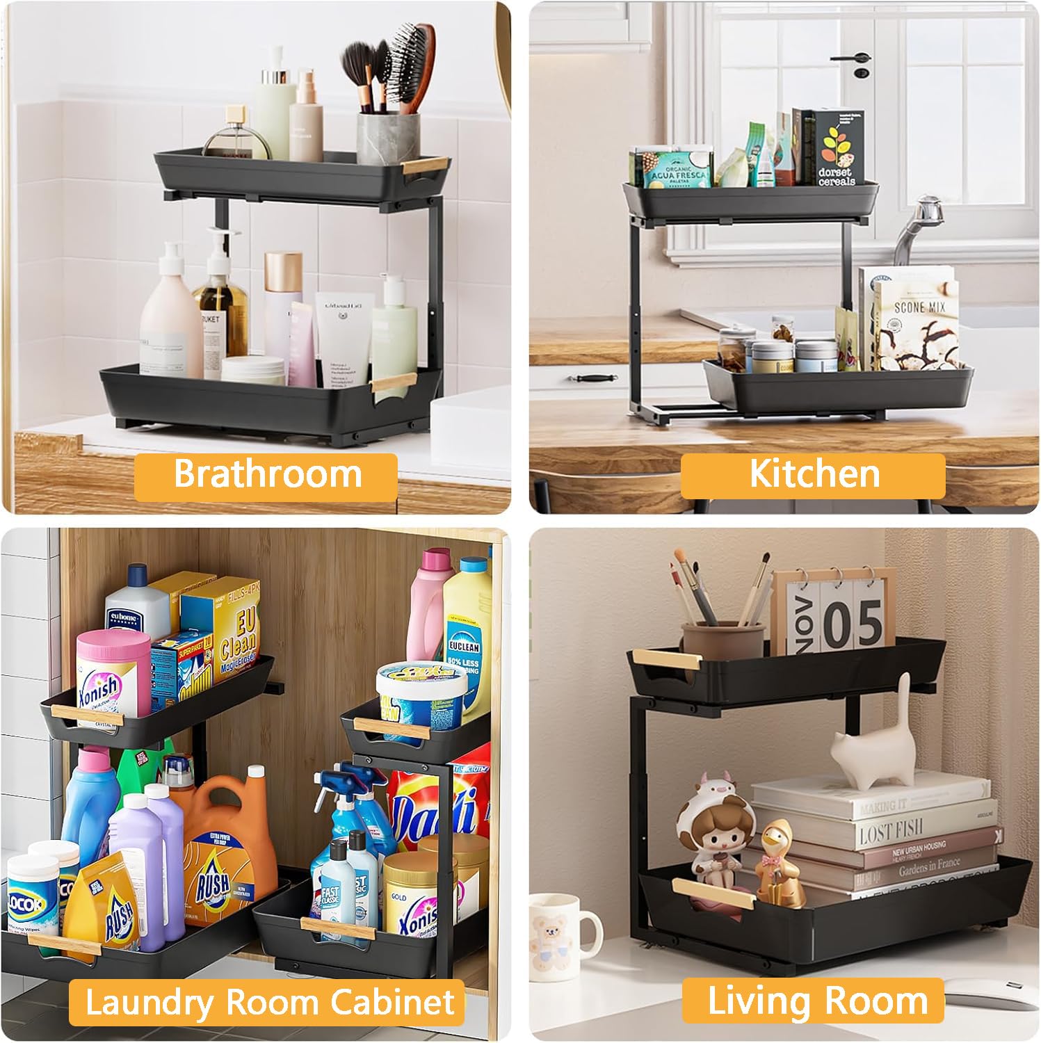 Organizery Schowek Pod Zlewem z Wysuwaną Szufladą w Kształcie Litery L, Regulowaną Na 3 Poziomy (33,5–41,5 Cm), Abs + Stal Węglowa Ultra, Nośność 22 Kg