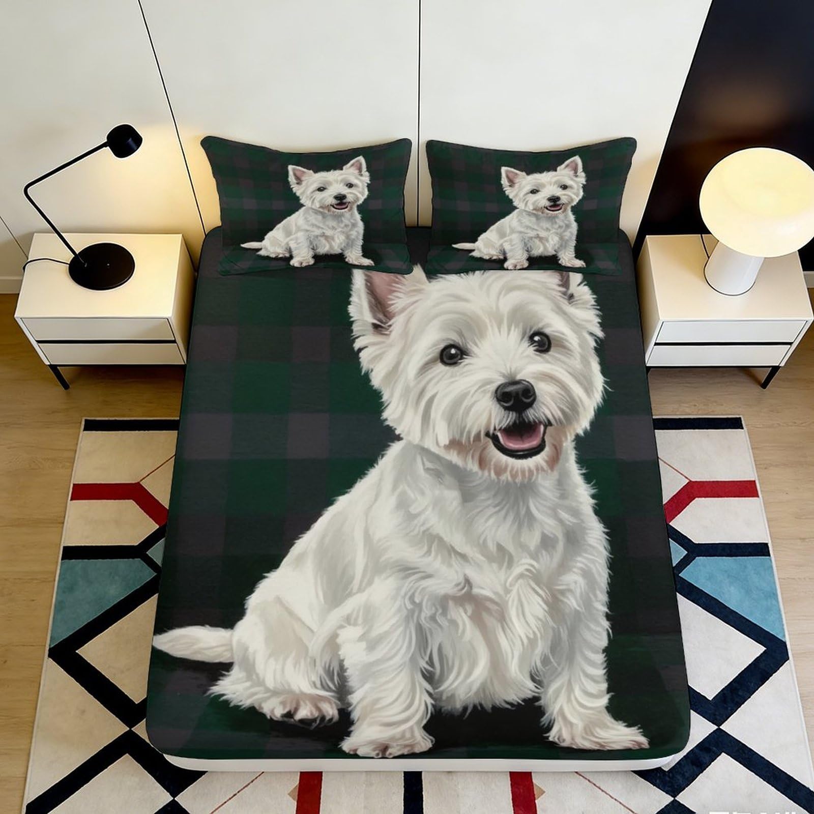 3D Printed Westie Dog Fitted Sheet Microfiber Soft Checkered Bed Cover for Bedroom Guest Room Mattress Decor 90x200x25cm