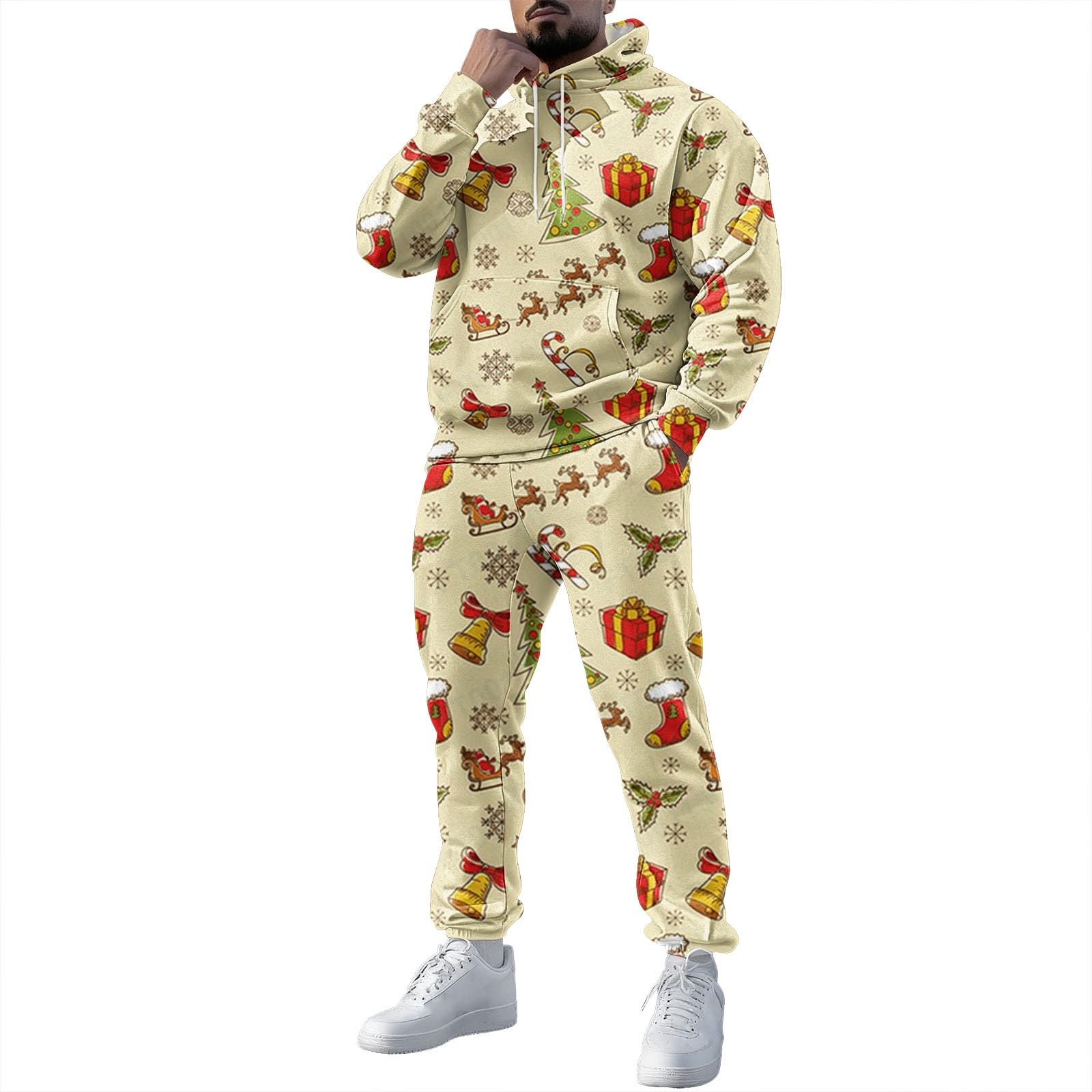 2 pezzi costumi di Natale da uomo divertente renna albero di Natale tuta oversize tuta natalizia a maniche lunghe con cappuccio e pantaloni della tuta set da jogging abbigliamento sportivo vacanze