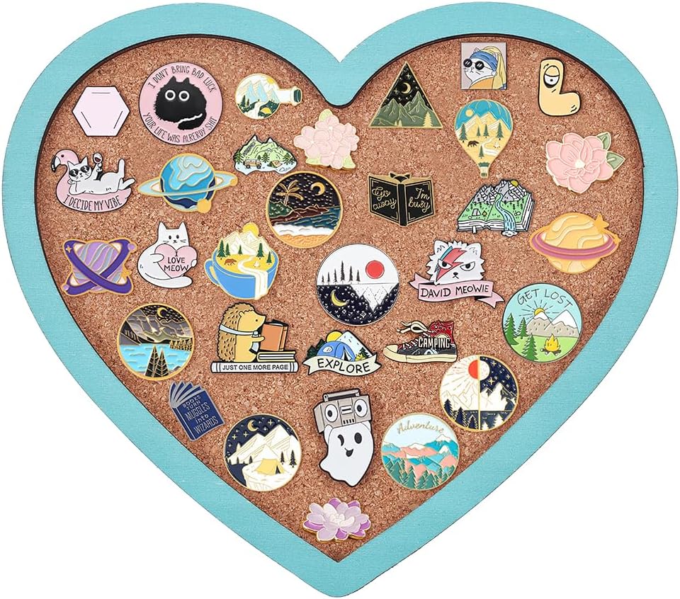 BENECREAT Light Sky Blue Heart Pin Cork Board, 10.6x11.8inch Bulletin Display Board Wall Mounted Cork Board for Brooch Pin Storage Display, Office Home and School Decor