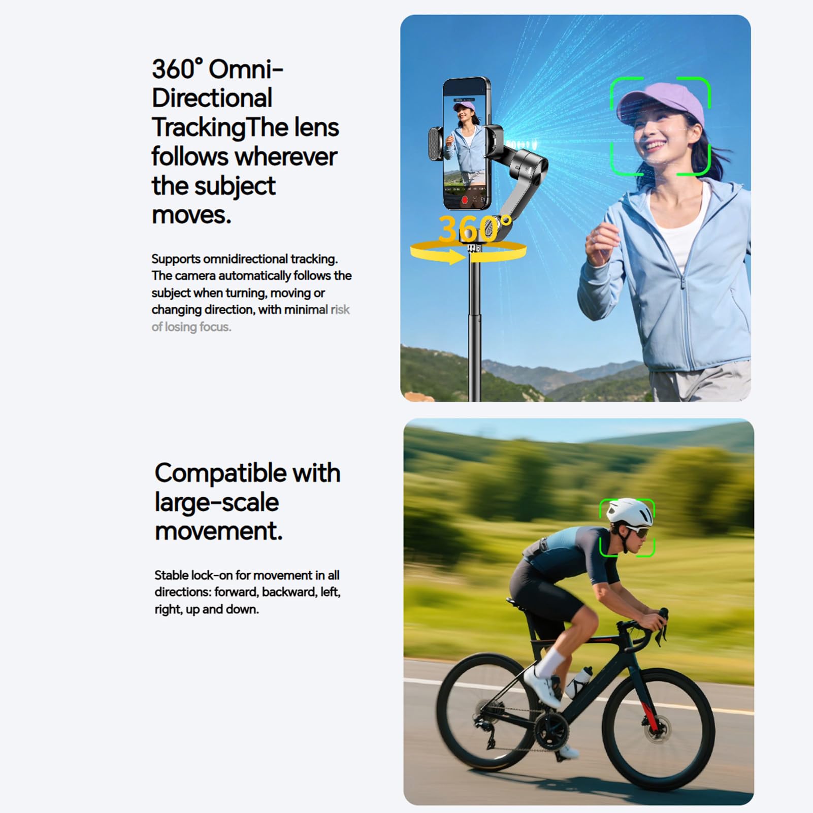 ciciglow Treppiede per Selfie Stick, Tracciamento AI e Luce di Riempimento | Estensibile, lunghezza 180 cm, stabilizzazione a 3 assi, supporto portatile per treppiede per telefono cellulare per