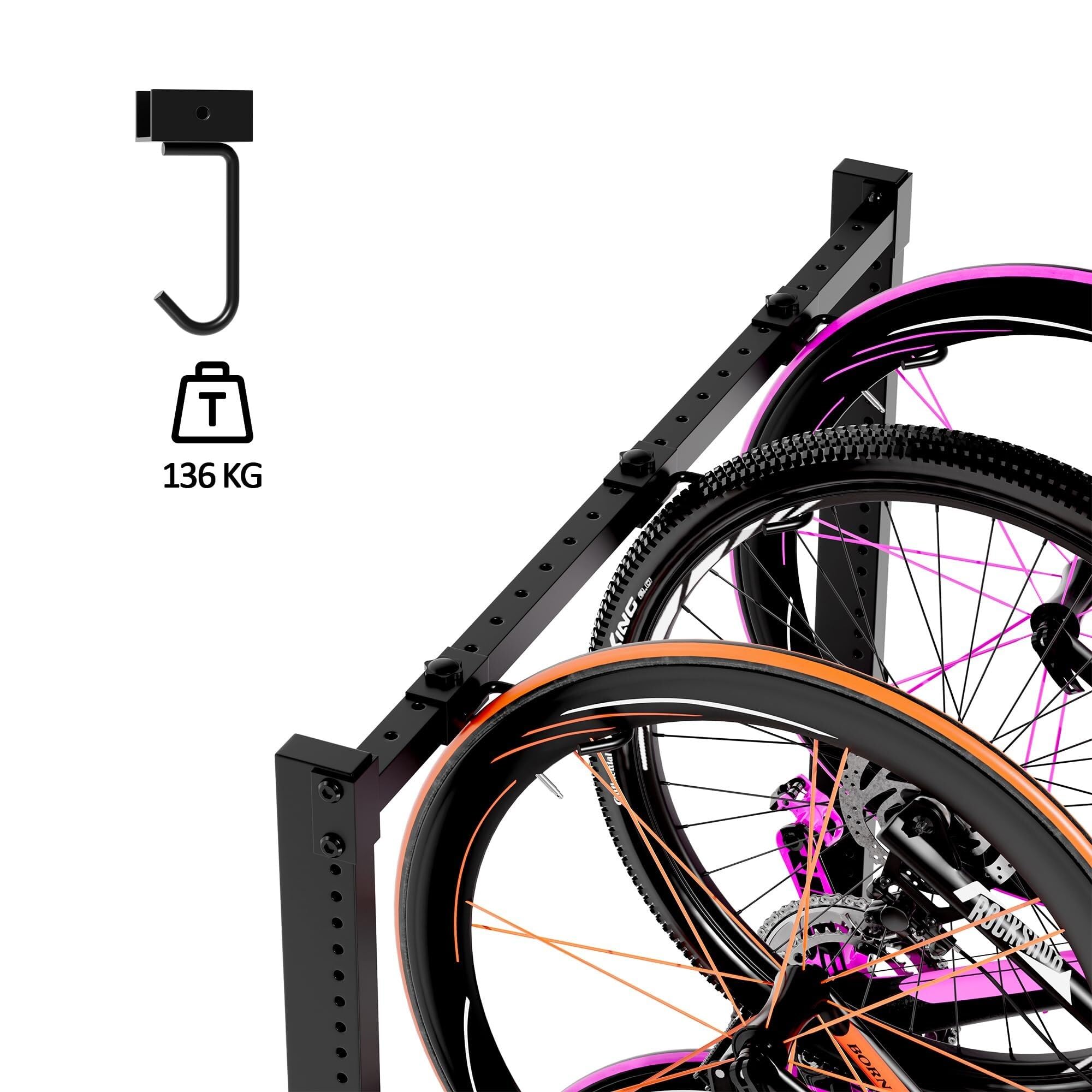 Wolnostojący stojak na rowery do garażu i domu – stalowy stojak na 5 rowerów (136 kg) z pionowym schowkiem, hakami i uchwytami na kask