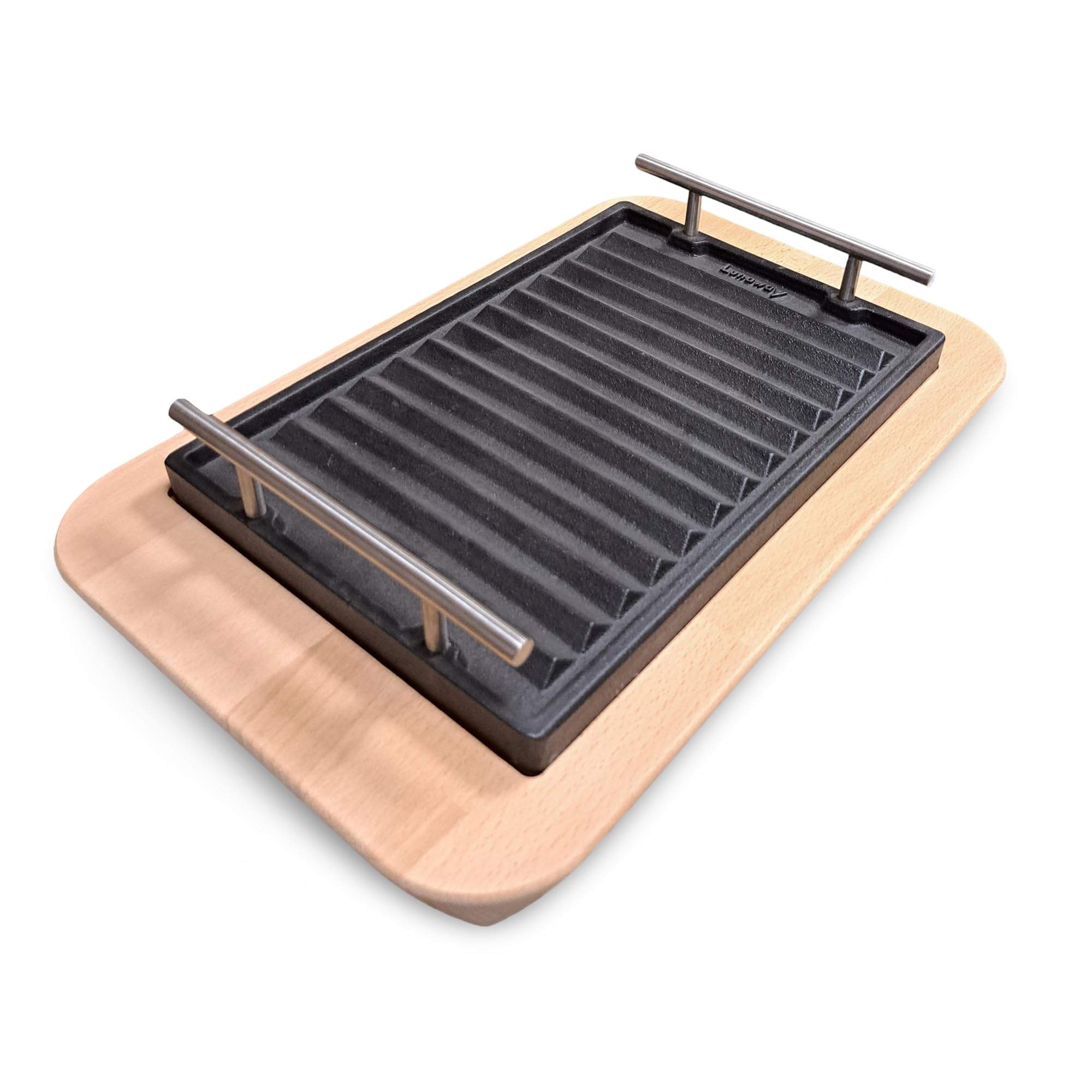 Parrilla de hierro fundido doble esmaltado | Uso sobre fuego abierto y cocinas | Cocina sana | Varios tamaños (30 x 20 cm + base de madera)