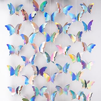 jijAcraft Butterfly Hanging Garlands - Iridescent 3D Paper Butterflies, 3 Packs for Birthday, Baby Shower, Wedding & Party Decorations 30ft