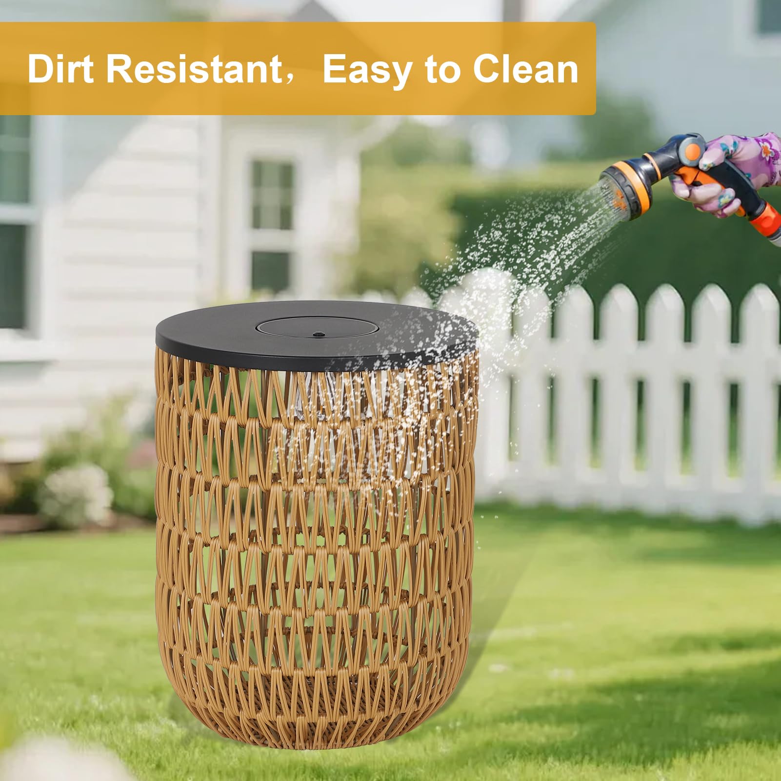 Rayofly Solar Beistelltisch Outdoor 2er Set, Rund Gartentisch Wetterfest mit Solarleuchte, Boho Solar Outdoor Tisch, Kunststoff-Rattan Solarlampe Tisch für Außen, Balkontisch, Beistelltisch Terrasse