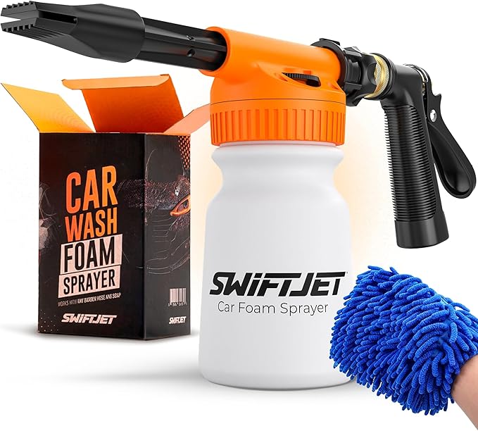 SwiftJet Car Wash Foam Gun + Microfiber Wash Mitt - Foam Cannon Works with Any Soap - Garden Hose Car Foam Sprayer - Car Wash Kit - Car Accessories Foam Blaster (Orange Foam Gun with Mitt)