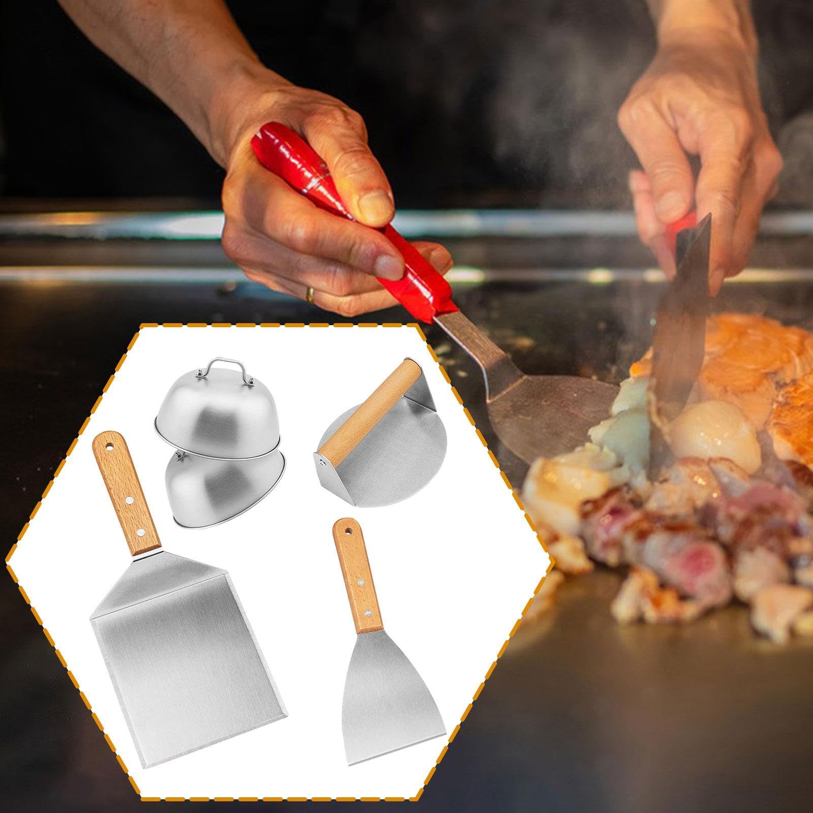 2 Pezzi Spatola BBQ Kit Accessori Barbecue Giraverdure Griglia Acciaio Inossidabile Manico in Legno Ergonomico Adatto per Picnic Cucina All’aperto Eve, 5 Pezzi