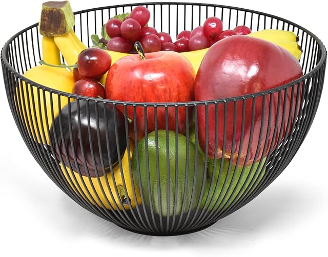 Joejis Modern Black Fruit Bowl Fruit Baskets for The Kitchen with Anti-Scratch Non-Slip Pads 25cm Open Metal Wire Fruit Basket to Help Fruits Ripen Properly & to Keep Them Fresh for Longer