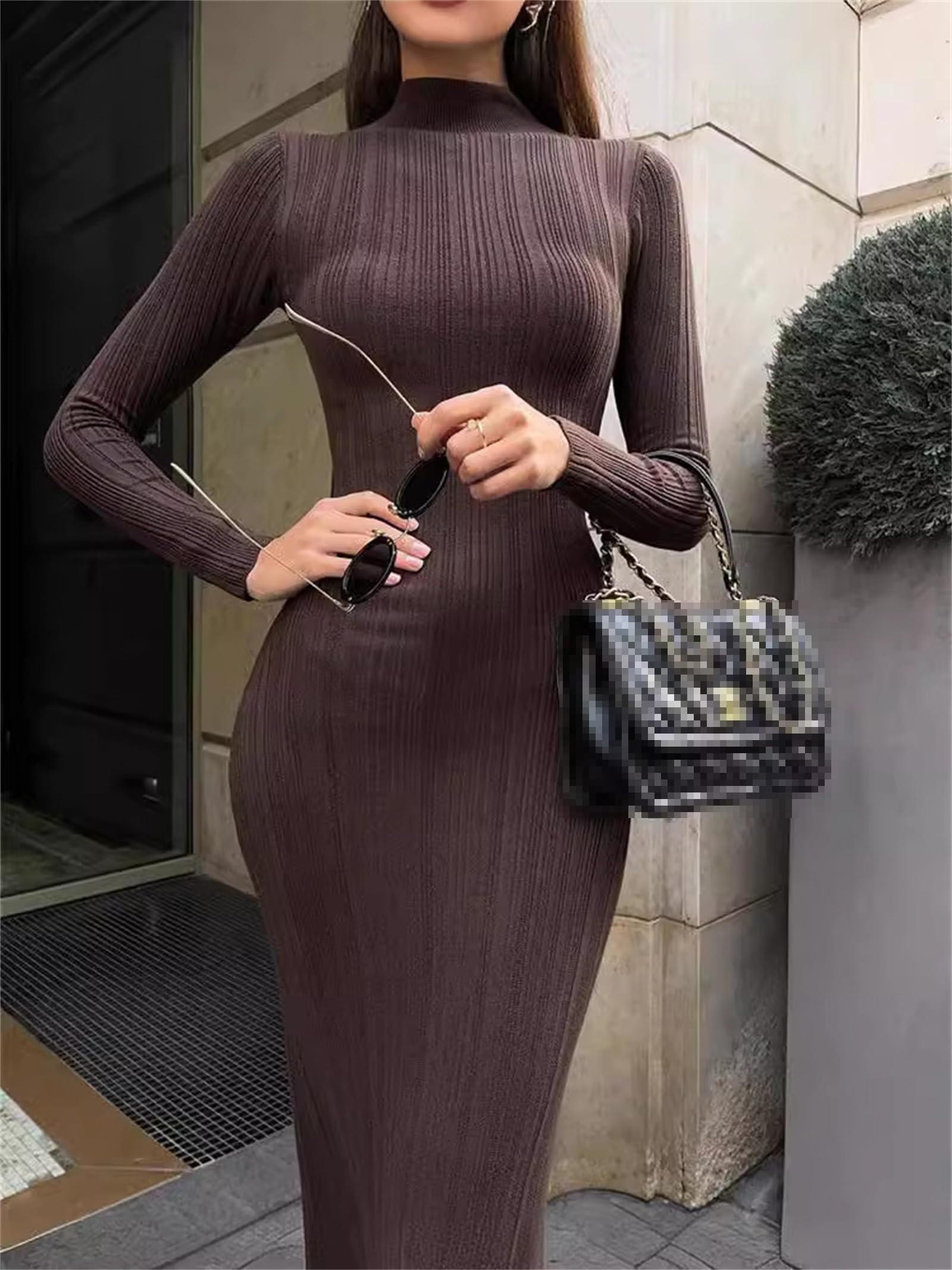 Vestito Donna Maglia Collo Alto Manica Lunga Elegante Autunno Inverno | Vestito donna in maglia a coste con collo alto, elegante e aderente, perfetto per lavoro e tempo libero