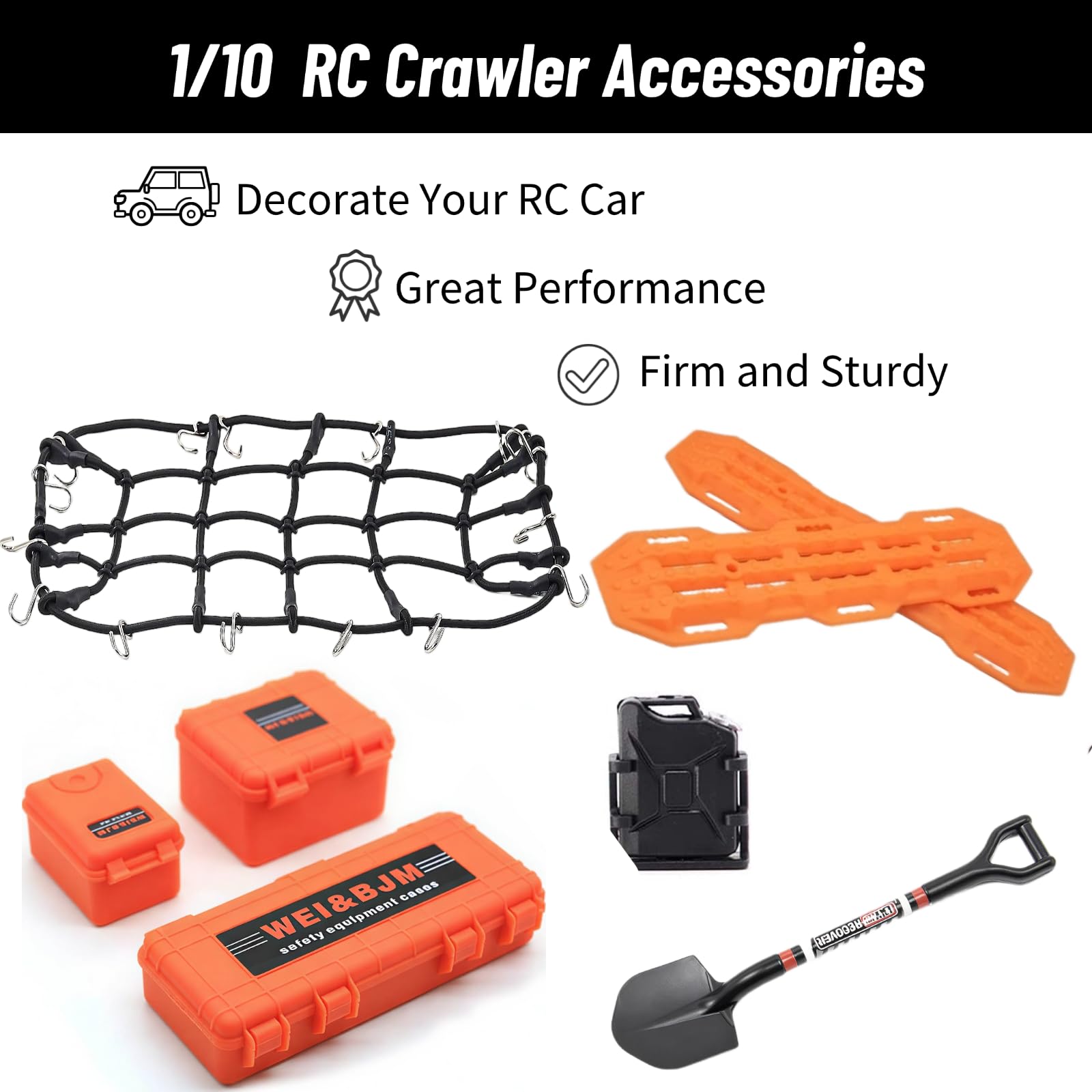 8-TLG RC Crawler Zubehör Set 1/10, RC Auto Dachdekoration inkl. Gepäcknetz RC und Scale Deko Kit passend für 1:10 Modelle wie Traxxas TRX-4,Axial SCX10 III,Absima Sherpa (Orange 1/10)