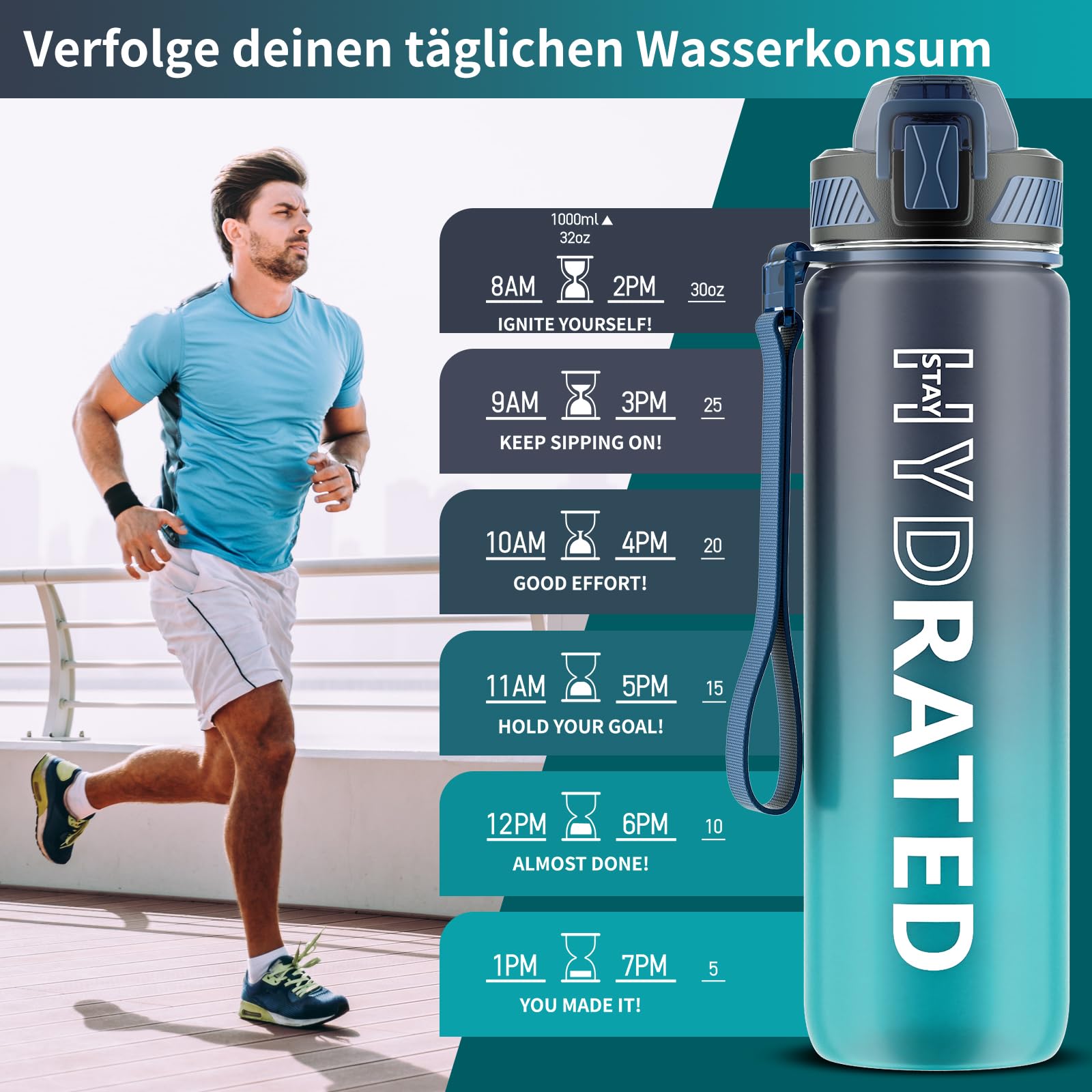 QLUR QLUR Water Bottle with Straw, 32oz Sports Motivational Water Bottle with Time Markings to Drink & Carry Strap & Clean Brush, 1L, Tritan, BPA Free, LeakProof for Women Men Gym Fitness Outdoor (1 Pack) in use