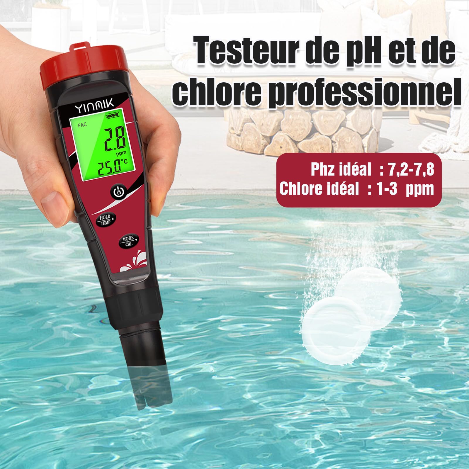 Testeur Intelligent 7 En 1 Pour Piscine - Mesure PH, Chlore, Sel, ORP, TDS, EC, Température - Avec Appli Et Recharge Solaire